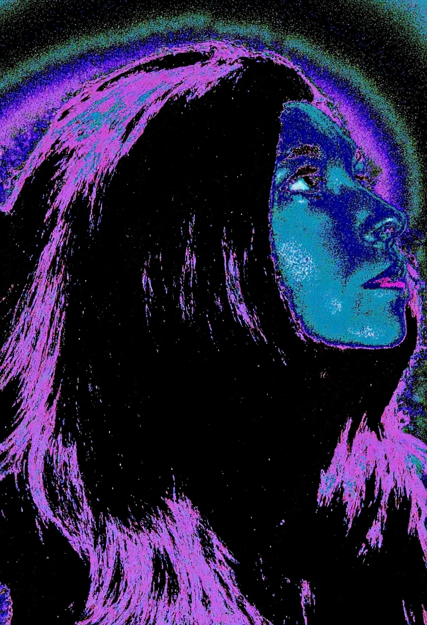 Circuit-bent/glitch art photograph showing upward-facing profile view of woman in an indeterminate setting, high-contrast lighting, visible shoulder-length hair, upward gaze, introspective mood, sad expression, dark indefinite background, color inversion effect, dominant purple and cyan palette, swirling pattern distortions, moderate digital corruption, (horizontal and vertical pixelation distortion:1.2)