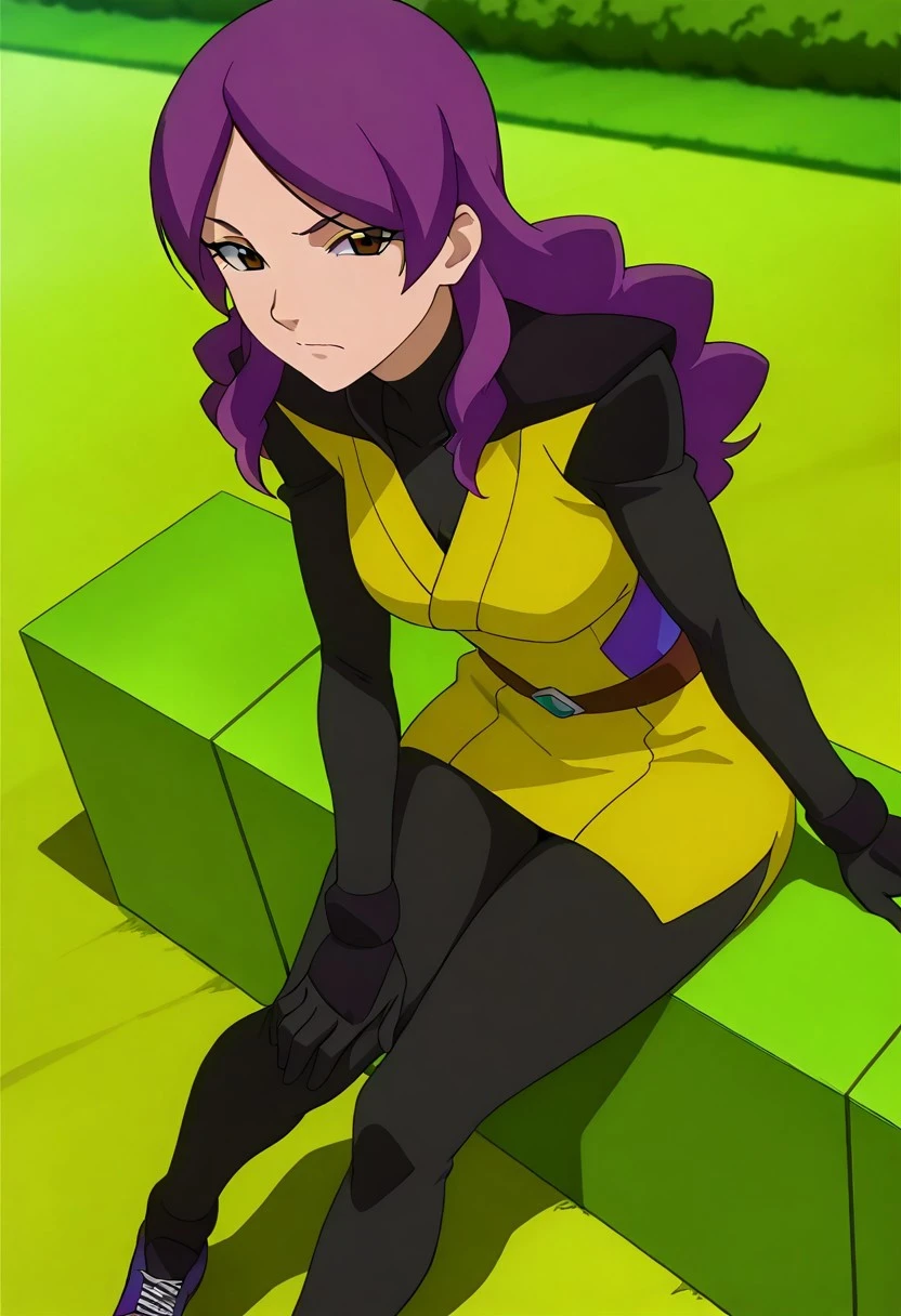 Masterpiece,best quality,source_anime,Lessie Adonel ,purple long hair,brown eyes,black bodysuit, yellow dress,balt,,outdoor,solo, sitting ,shoes