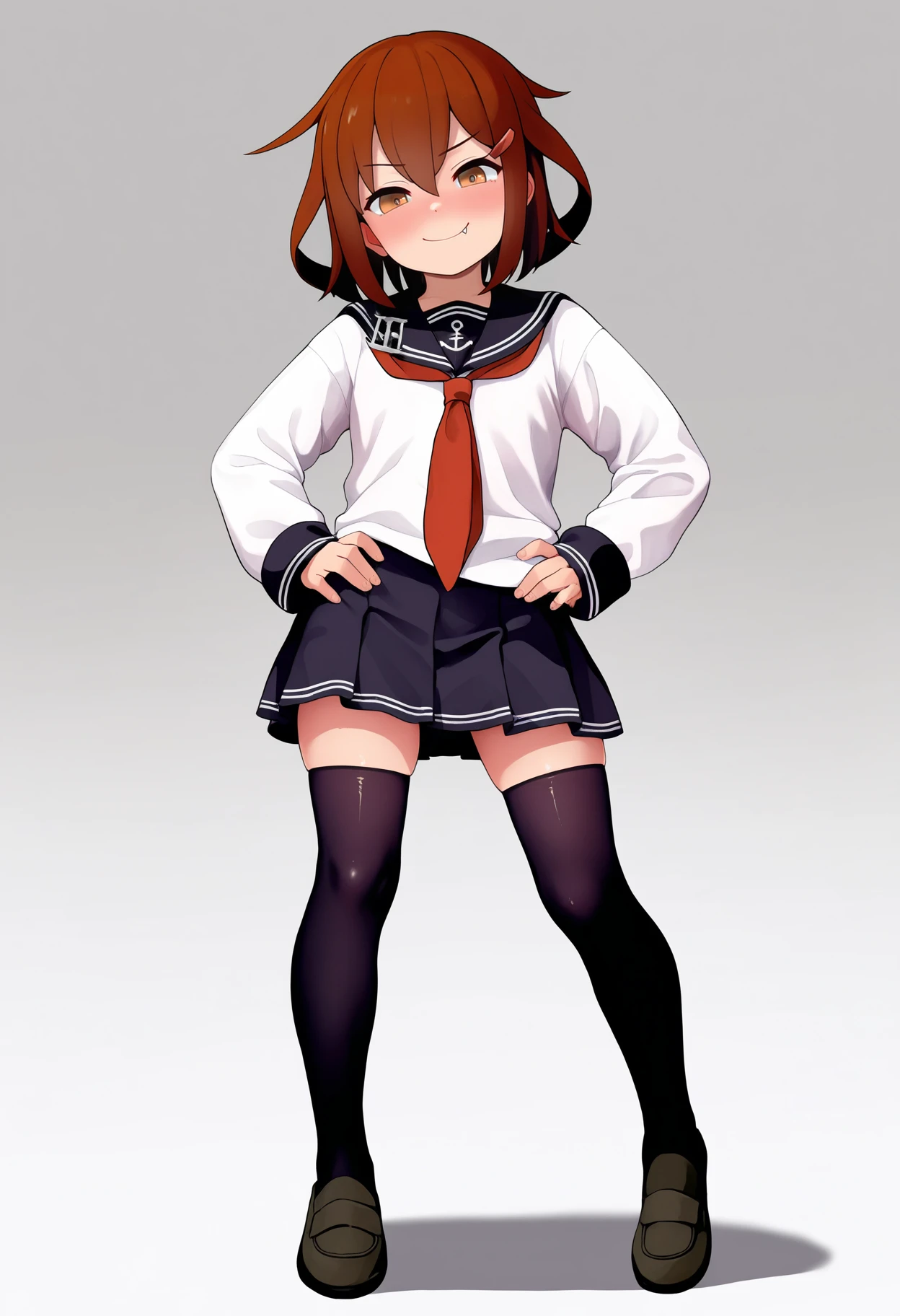 best quality, amazing quality, very aesthetic, absurdres,
1girl, ikazuchi \(kancolle\), brown hair, short hair, brown eyes, hairclip, fang,
anchor symbol, black sailor collar, long sleeves, neckerchief, school uniform, serafuku, pleated skirt, thighhighs, loafers,
hands on hips, smile,full body, solo, looking at viewer, simple background, white background, <lora:IkazuchiNoobXL_byKonan:1>