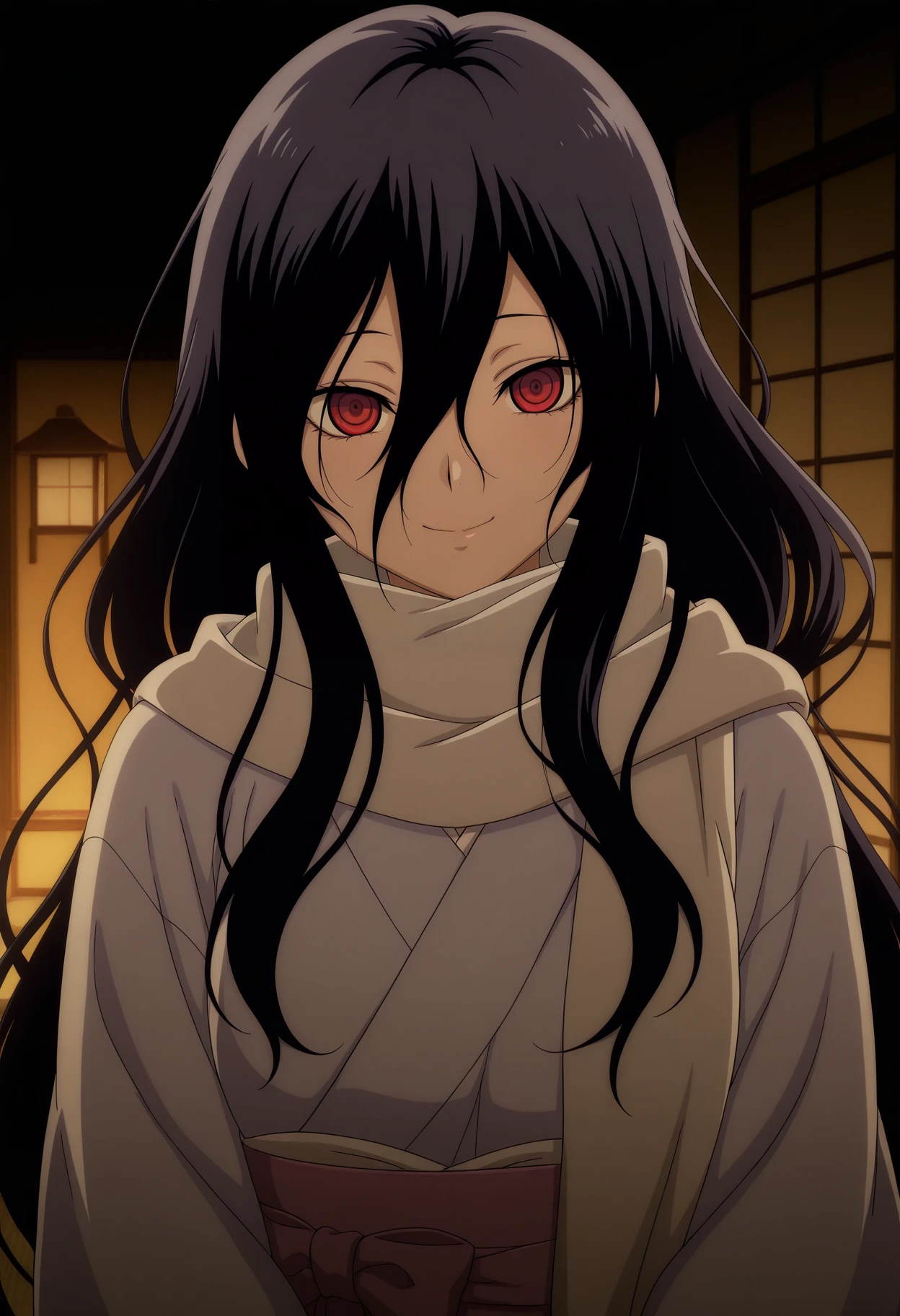 1girl,solo,mm,mature female,long hair,black hair,red eyes,hair between eyes,anime coloring,
japanese clothes,kimono,scarf,upper body, looking at viewer, smile
,masterpiece,best quality,amazing quality,<lora:Setsura_Oikawa-Nurarihyon_no_Mago_r1:0.8>