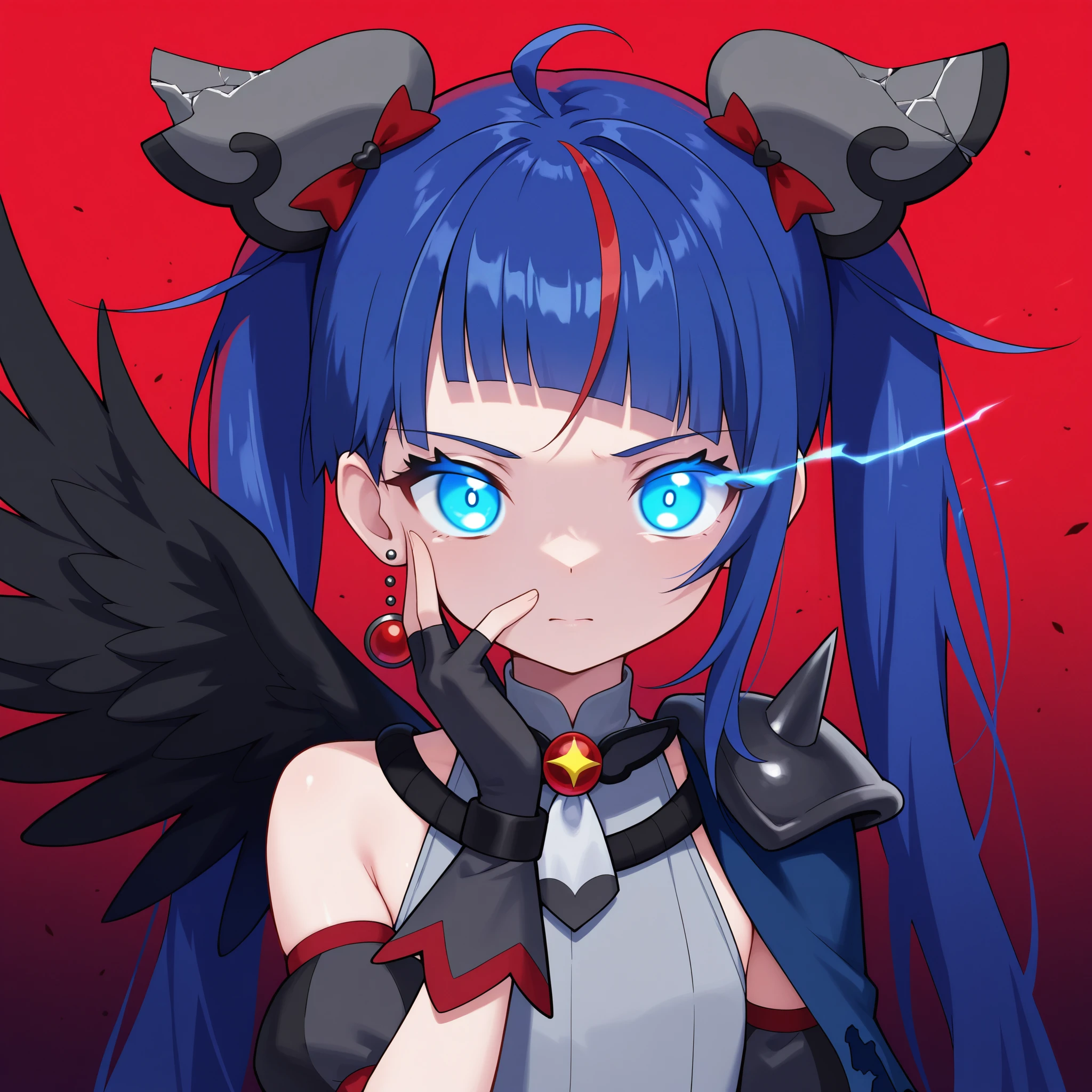 1girl, curesky-dark, general,
broken hair ornament, single earring,
brooch, grey dress, puffy detached sleeves, single wing, bare shoulders, spikes, torn cape,
black fingerless gloves,
flat chest, dark blue hair,
blue eyes, glowing eye,
serious:1.1, closed mouth, looking at viewer,
headshot portrait:1.25, straight-on,
standing, hand on face, hand up,
(dark theme, gradient background, red background, simple background)
masterpiece, best quality, amazing quality, newest
<lora:ill_curesky-dark:1>