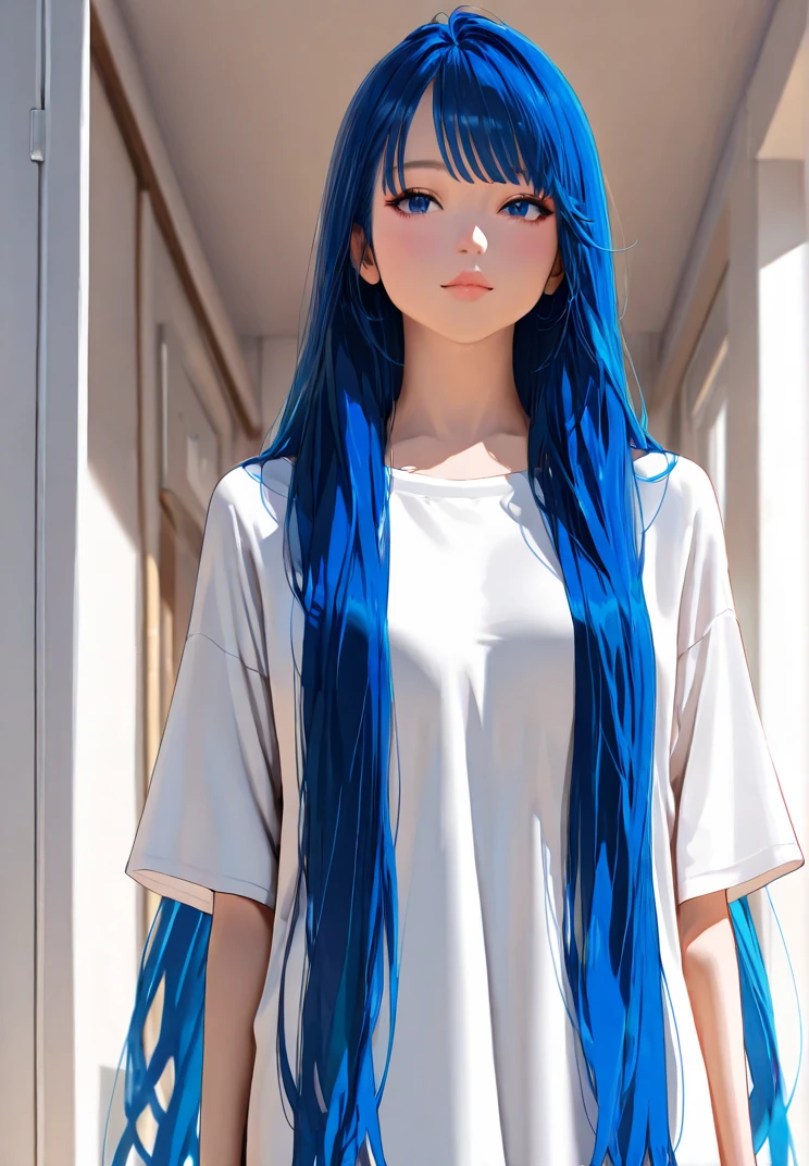 masterpiece, highly detailed, realistic, 1girl, casual clothing, blue hair, super long hair <lora:super_long_hair_xl:1>