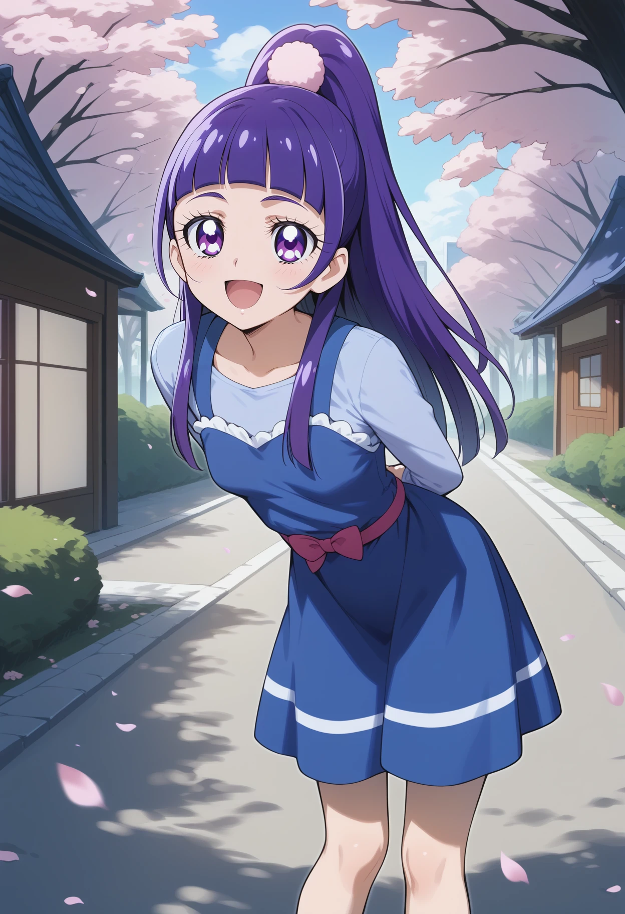 score_9, score_8_up, score_7_up, score_6_up, score_5_up, score_4_up, source_anime, aaliko, precure, long hair, purple hair, high ponytail, hair ornament, purple eyes, small breasts, blue shirt, pinafore dress, blue dress, long sleeves, <lora:izayoi_liko_ponyxl_v1:0.9>, arms behind back, leaning forward, standing, outdoors, open mouth, cherry blossoms, smile, town, road,