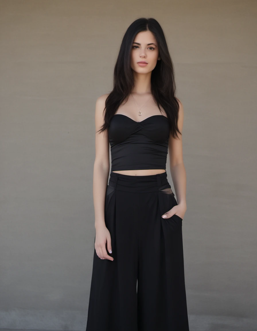 Smiling, leaning forward, (visible chest through Neckline), A young 14 years old indian girl in a boho-chic outfit (blue crochet halter top and black maxi skirt) walking outdoors on a sunny day. Wears black maxi skirt, The background features lush greenery and soft sunlight filtering through trees. High-definition, DSLR photograph with shallow depth of field, bokeh effect. Camera settings: ISO 100, aperture f/1.8, shutter speed 1/1000s. --ar 16:9 --v 5, Short height, dynamic shadows, (side view:0.7), highly detailed face:1.2) , 33mm lens, (background inside dark, moody, private study:1.3) POV, by lee jeffries, nikon d850, film stock photograph ,4 kodak portra 400 ,camera f1.6 lens ,rich colors, hyper realistic ,lifelike texture, dramatic lighting , cinestill 800, wavy hai, mischievous , smile, A line Hairstyle, (Shoulder lenth hair), , yellowish eyes , bright brownish eyes, , Pombagira, white skin, , wide angle view, Incomplete details, Shot with Leica, analogue,