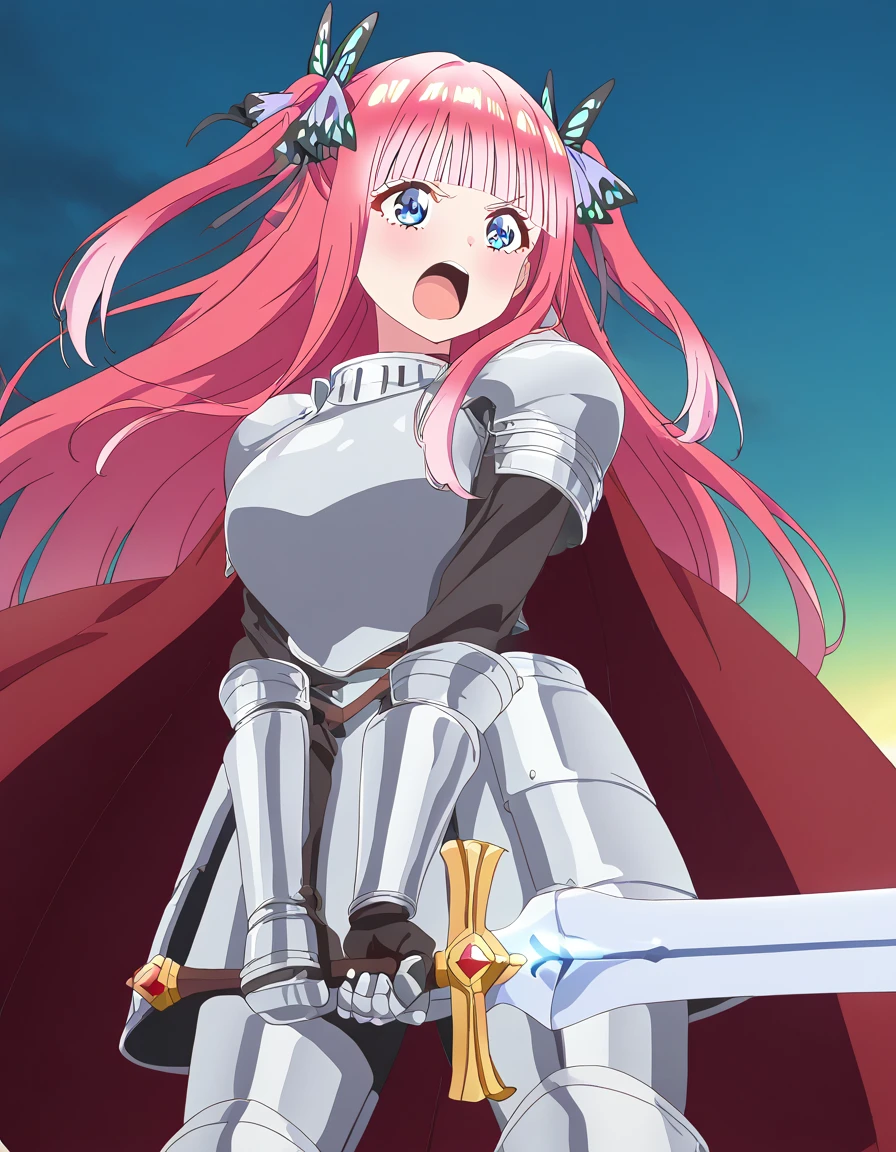 masterpiece, best quality, newest, absurdres, highres, safe,, <lora:nnakano-s2-ponyxl-lora-nochekaiser:1>, long hair, bangs, blue eyes, hair ornament, hair ribbon, pink hair, blunt bangs, two side up, butterfly hair ornament, large breasts, anime screencap, <lora:sunrise-stance-illustriousxl-lora-nochekaiser:1>, sunrise stance, weapon, sword, solo, open mouth, holding weapon, holding, holding sword, <lora:knight-ponyxl-lora-nochekaiser:1>, knight, armor, cape, shoulder armor, gauntlets, helmet, pauldrons, red cape,, ,