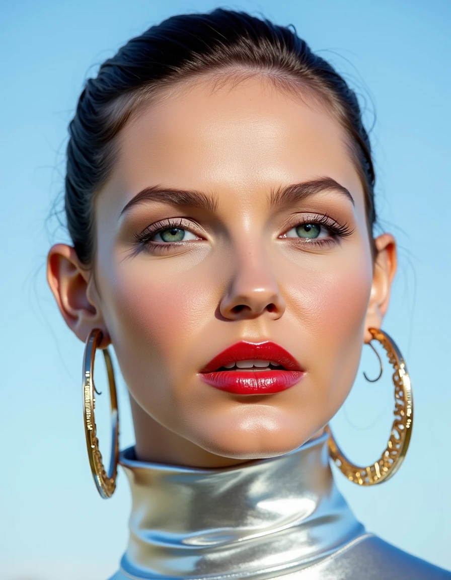 A hyper-detailed, avant-garde photograph featuring a striking woman with pale light skin against a clear, light blue sky. Her full-face close-up highlights the smooth texture of her flawless complexion. Shimmering metallic eyeshadow enhances the depth of her piercing gaze, while her glossy, deep red lips create a bold contrast to her skin. Large, intricately detailed golden hoop earrings reflect light, contributing to her modern allure. She wears metallic urban Buddhist monk clothing, with a turtle neck that enhances her avant-garde look. The reflective surfaces of her earrings and outfit create a dynamic interplay with the environment, emphasizing her sleek presence. The minimalist background allows the viewer to focus on her eye-catching fashion and makeup. Captured with a Sony A7R IV camera and a 50mm f/1.2 G Master lens for a beauty editorial shoot, this composition highlights her fashion-forward aesthetic. Inspired by avant-garde fashion photography from Sølve Sundsbø, this image blends contemporary fashion and minimalist elegance, embodying mythp0rt and niji_flux styles for a sleek, high-fashion vision. ((glow_skin, iridescent skin, oily skin, portrait)).