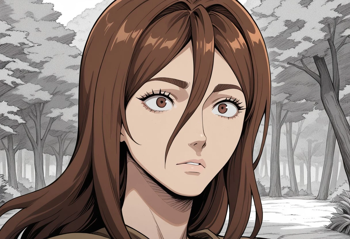 masterpiece, best quality, newest, absurdres, highres, manga, manga style, monochrome, greyscale, comic, Luca-Berserk-IL.V1.2, brown hair, brown eyes, long hair, hair between eyes,