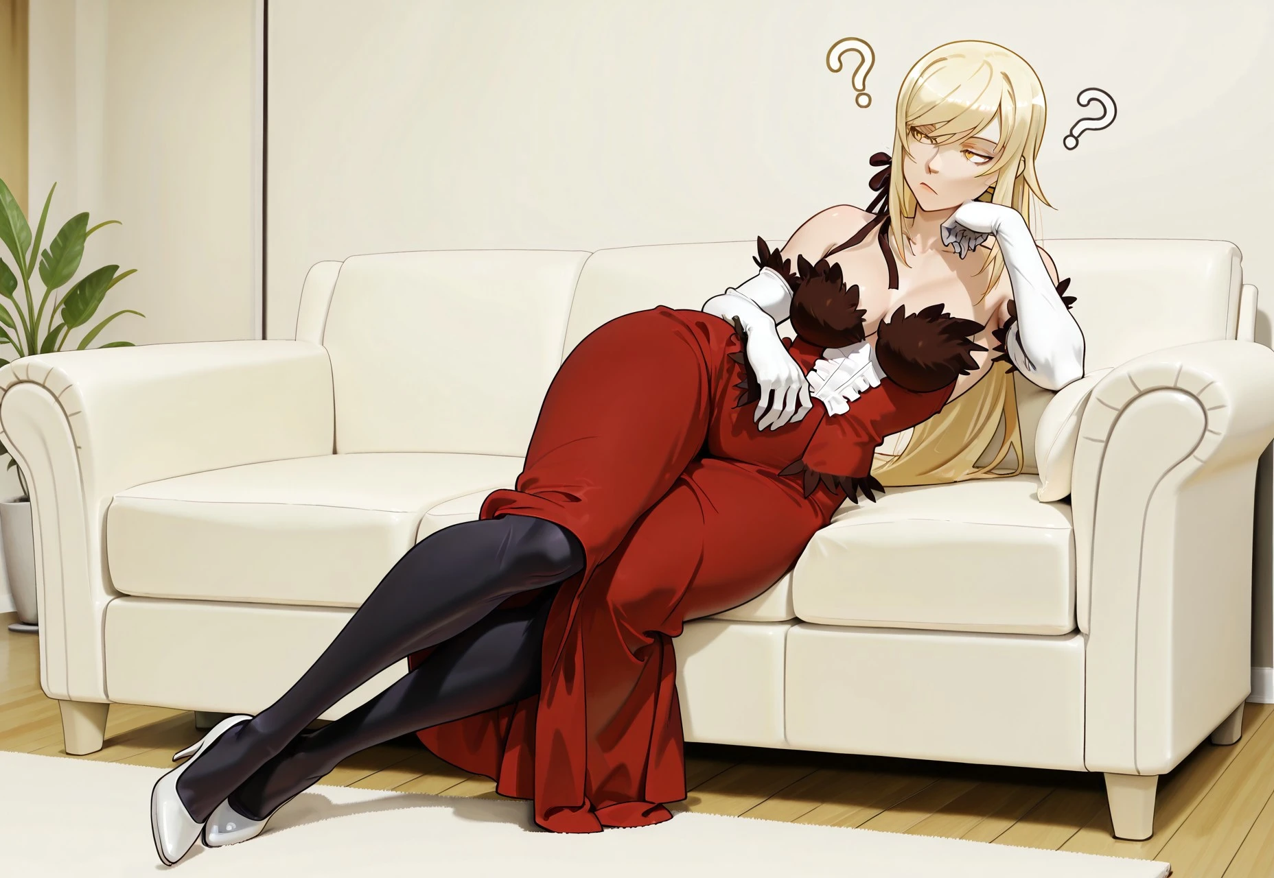 kiss-shot_acerola-orion_heart-under-blade, yellow eyes, long hair, blonde, elbow gloves, gloves, wide , hand on chin, bored, bored female, ?, sofa, regal, solo, legs, white heels, black stockings, living room,  long skirt, solo, 
