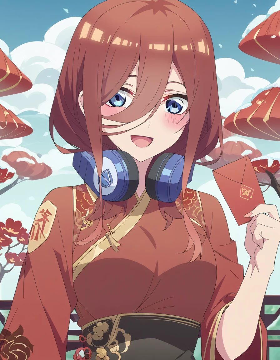 score_9, score_8_up, score_7_up, source_anime, <lora:miku-nakano-s2-ponyxl-lora-nochekaiser:1>, miku nakano, long hair, bangs, blue eyes, brown hair, hair between eyes, headphones, headphones around neck, large breasts, anime screencap, <lora:hongbao-ponyxl-lora-nochekaiser:1>, hongbao, chinese new year, good fortune symbol, holding envelope, envelope, red envelope, outstretched arm, smile, blush, outdoors, open mouth, looking at viewer,, ,