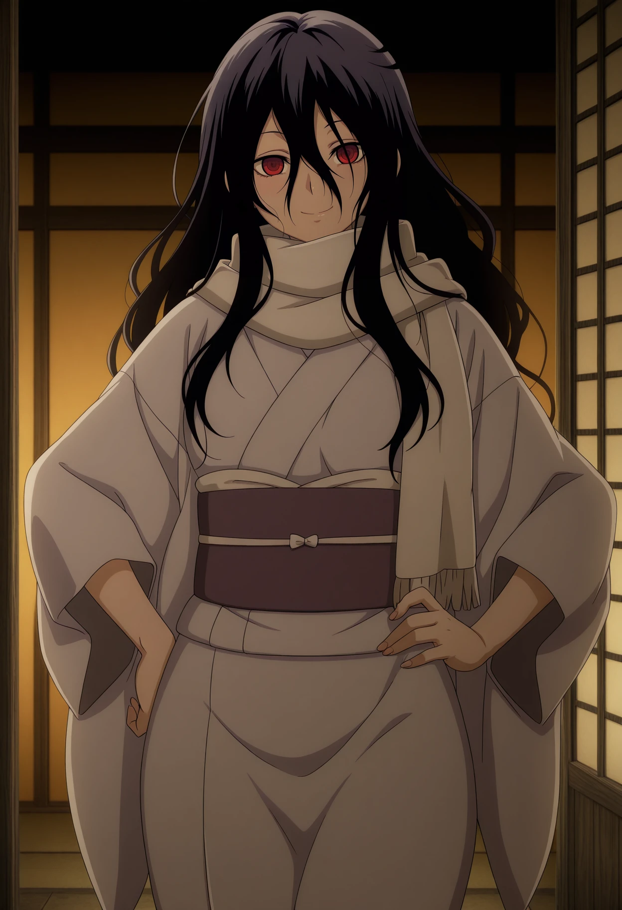 1girl,solo,mm,mature female,long hair,black hair,red eyes,hair between eyes,anime coloring,
japanese clothes,kimono,scarf,hand on own hip, looking at viewer, smile
,masterpiece,best quality,amazing quality,<lora:Setsura_Oikawa-Nurarihyon_no_Mago_r1:0.8>