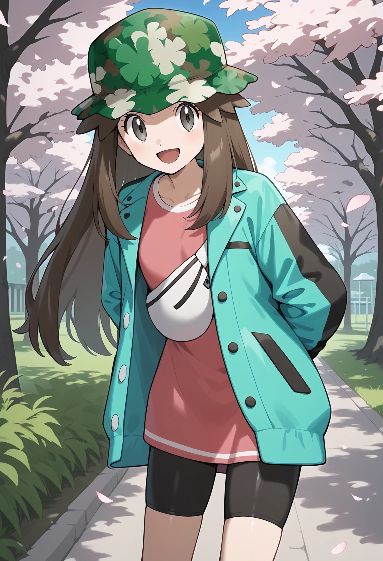 score_9, score_8_up, score_7_up, score_6_up, score_5_up, score_4_up, source_anime, aaleaf, long hair, brown hair, hat, camouflage headwear, green headwear, grey eyes, pink shirt, aqua jacket, open jacket, fanny pack, long sleeves, buttons, bike shorts, <lora:leaf_(pokemon)_ponyxl_v1:0.9>, arms behind back, leaning forward, standing, outdoors, open mouth, cherry blossoms, smile, park,