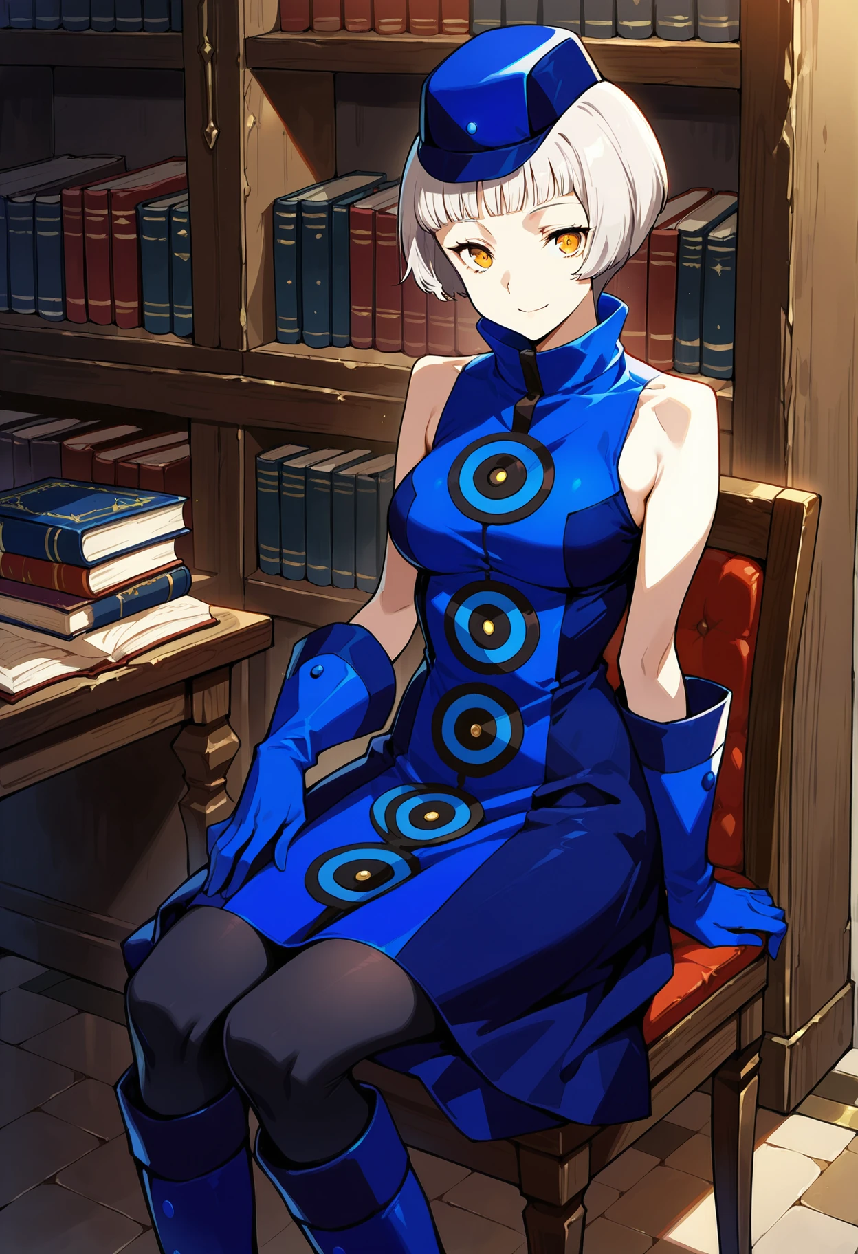 (masterwork, masterpiece, best quality, hyper-detailed :1.3),
1 girl, solo,
p3elizabeth, short hair, bob cut, white hair, blunt bangs,
p3elizabeth-dress, hat, sleeveless dress, blue dress, bare shoulders, gloves, blue gloves, pantyhose, black pantyhose, boots, blue footwear
library, holding book, book, grimoire,
looking at viewer, faint smile,
