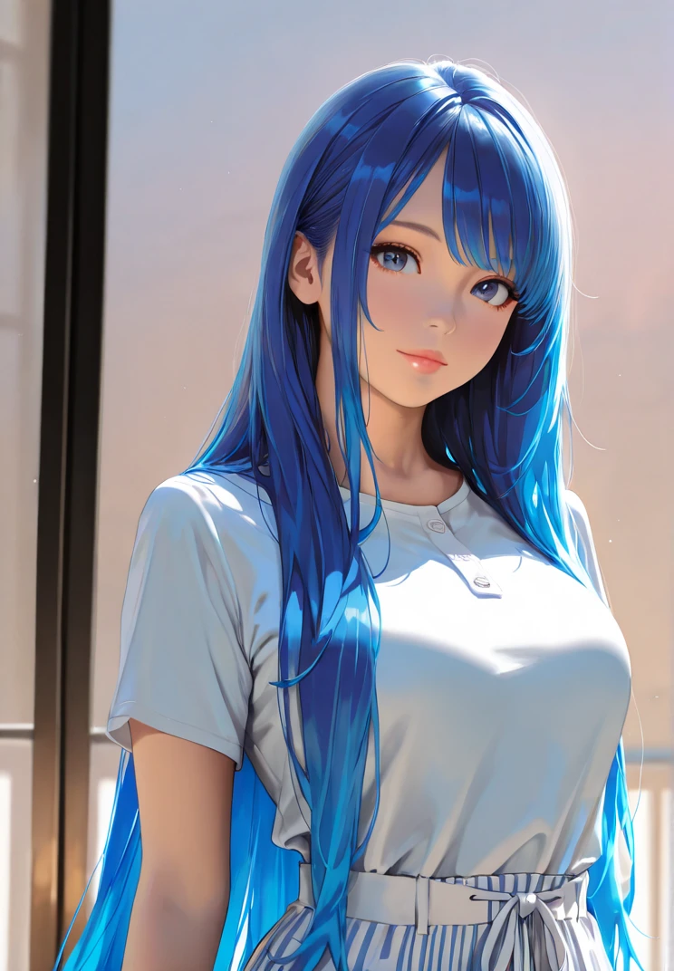 masterpiece, highly detailed, realistic, 1girl, casual clothing, blue hair, super long hair <lora:super_long_hair_xl:1>