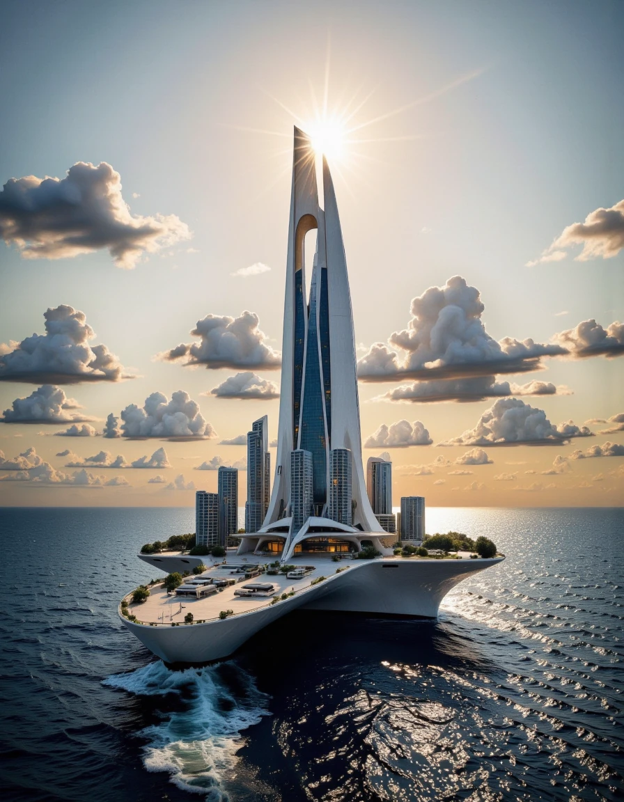 Futura. A photo-realistic shoot from a bird's-eye view about a futuristic floating city in the middle of the ocean during sunset. the image also shows a serene ocean with calm waves. on the center of the image, a tall, futuristic building with a unique architectural design stands out against the calm blue water. the building has a sleek, modern design with curved, angular edges and a circular, circular opening at the top. it is illuminated by bright, glowing lights, creating a dramatic effect. the sky is filled with fluffy, white clouds, and the sun is shining brightly in the background, casting a warm glow over the scene. the overall atmosphere is peaceful and serene, with a sense of calmness and tranquility. <lora:Futura-000005:1>
