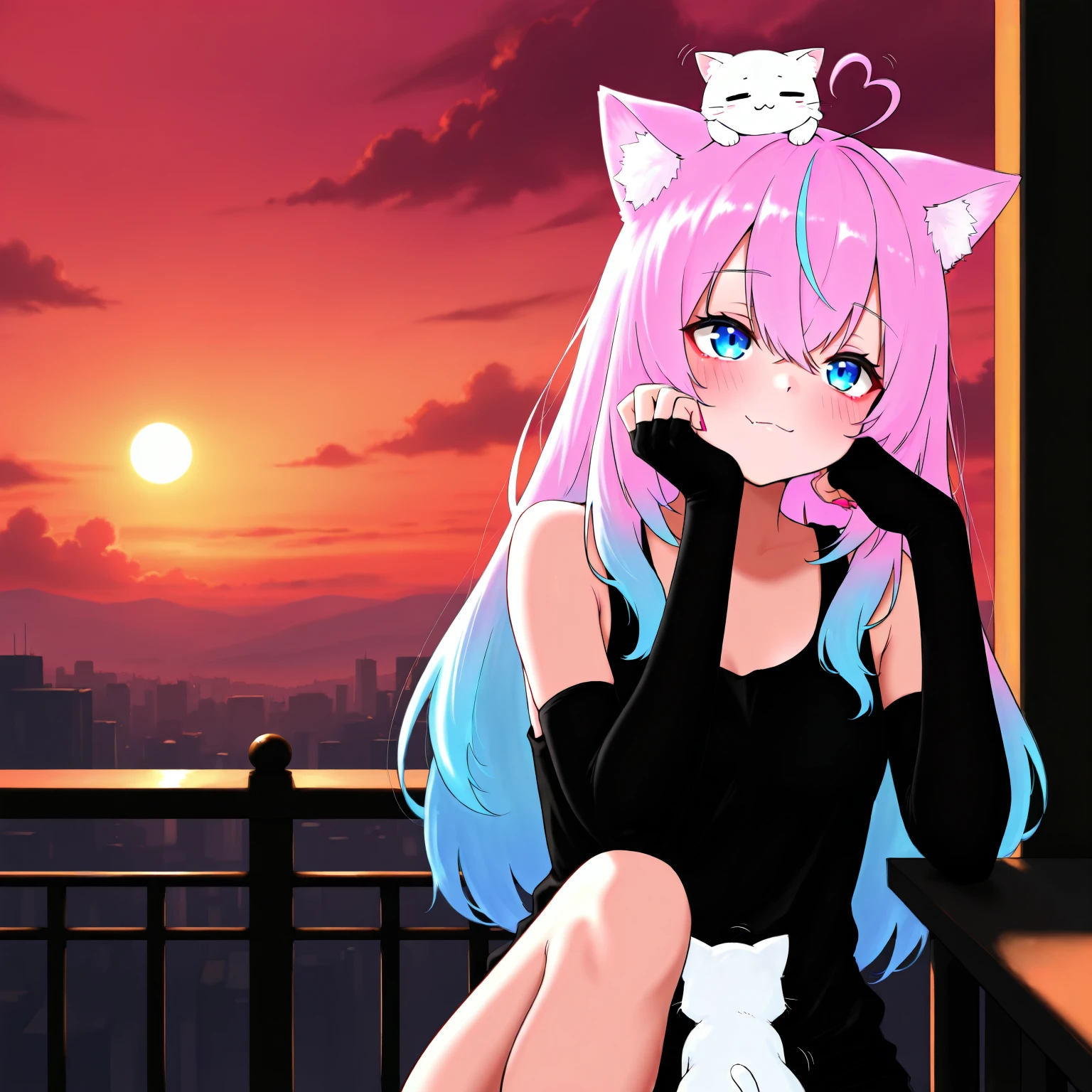 A captivating action anime girl with long, flowing pink hair and striking blue eyes. She’s wearing a white tube dress paired with blue boots and white thigh-high socks. Over the dress, she has on a blue jacket and a white headband. The scene depicts her crouching down, petting a black cat, with a playful yet confident smile on her face. Her hair falls elegantly down her back, and the pose, combined with comic book-like details, highlights her curves and the vibrant energy she exudes. The overall scene blends a sense of sexiness with a powerful, action-ready vibe, in a dynamic and visually engaging composition.