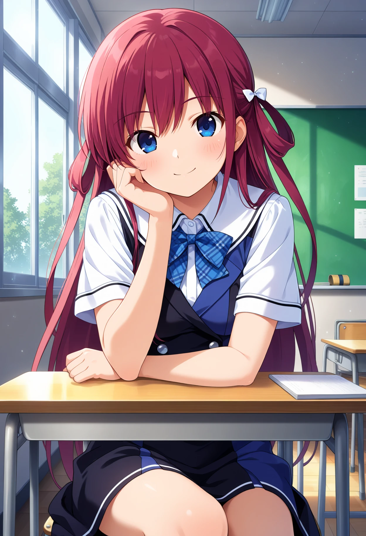 masterpiece, best quality, newest, absurdres, highres, 1girl, aaamane, long hair, red hair, hair rings, hair bow, blue eyes, , school uniform, plaid bowtie, white shirt, black dress, blue dress, short sleeves, <lora:suou_amane_ilxl_vpred_v1:0.9>, arm rest, hand on own cheek, sitting, desk, smile, classroom, on chair,