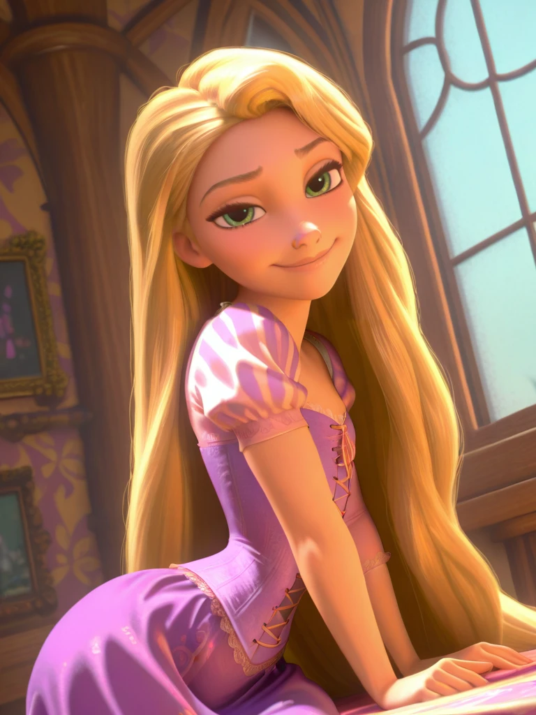 (screencap:1.2), realism,
1girl, flat chest, narrow waist, wide hips, (RapunzelXL:1.1), purple dress, very long hair, green eyes, blonde hair, puffy sleeves, short sleeves, corset,
naughty face dutch angle, front, sitting, from side, smile, looking at viewer, indoors, window behind her, dynamic pose, cowboy shot,
<lora:RapunzelXL_character-12:1>