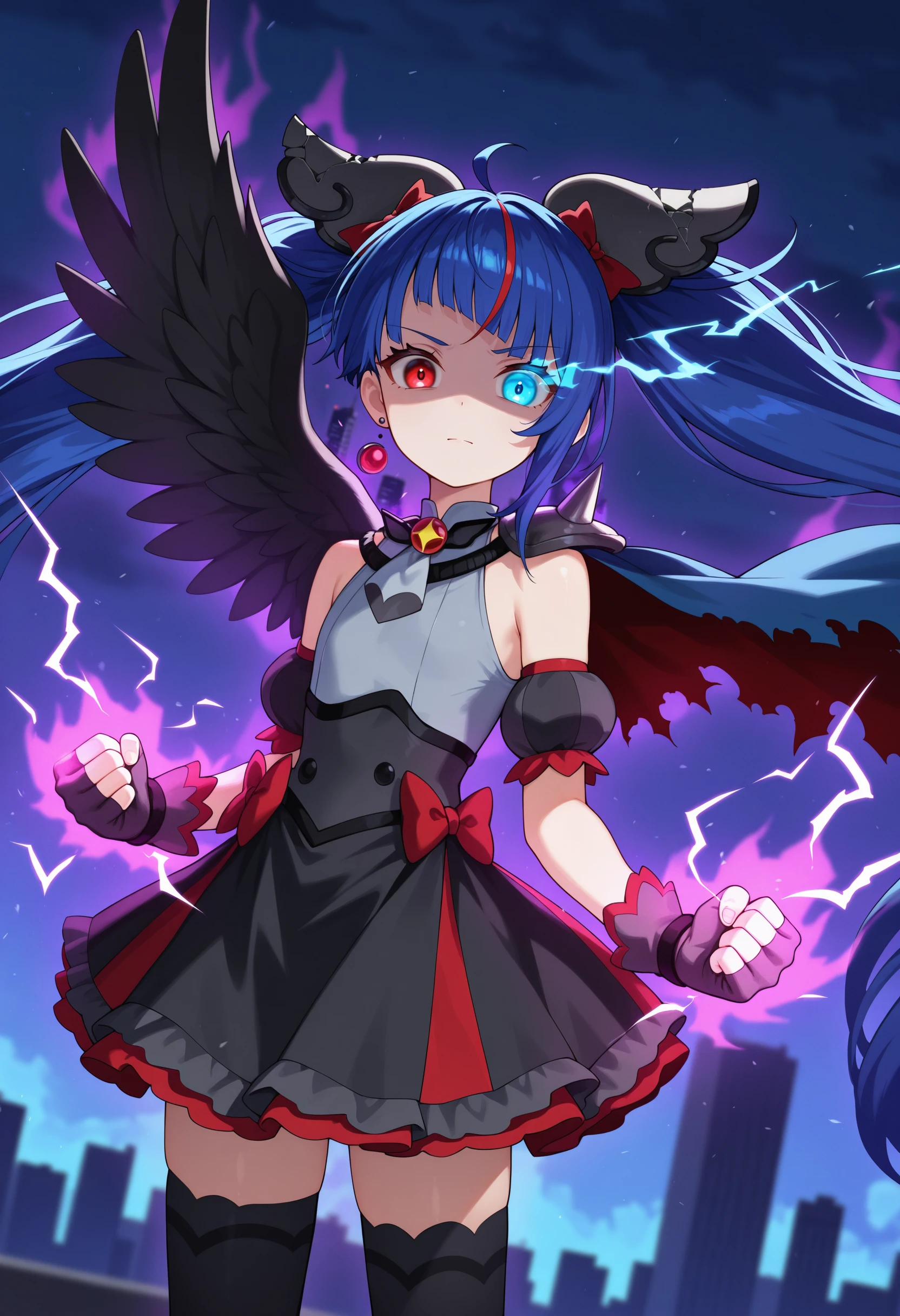 1girl, curesky-dark, general,
broken hair ornament, single earring,
brooch, grey dress, puffy detached sleeves, single wing, bare shoulders, spikes, torn cape,
black fingerless gloves,
black skirt, red bow,
black thighhighs, zettai ryouiki,
flat chest, dark blue hair, very long hair,
heterochromia:1.1, red eyes, blue eyes, flaming eye,
serious:1.2, closed mouth, shaded face, looking at viewer,
cowboy shot, dutch angle,
standing, clenched hands:1.2, glowing hand,
(powering up:1.2, dark aura:1.5, dark effect:1.5, electricity:1.2, sparks:1.2, black lightning:1.2), wind, floating hair,
(night, night sky, skyline, skyscraper, city), depth of field,
masterpiece, best quality, amazing quality, newest
<lora:ill_curesky-dark:1>