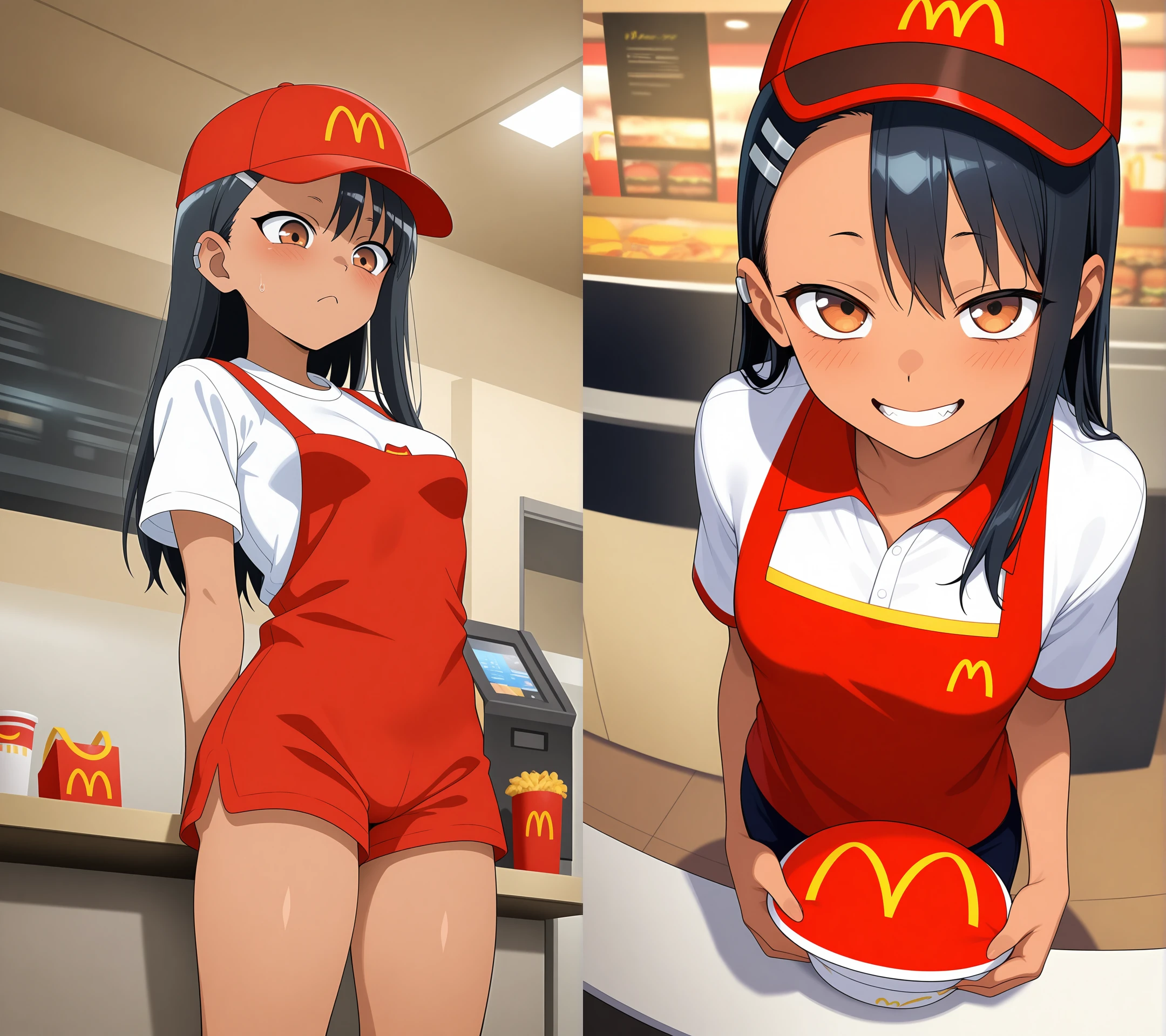 source_anime,<lora:StS_IllustXL_Breast_Size_Slider_v1.0:-0>,<lora:Nipple Size Slider_ILXL:-1>,<lora:SkindentationIL3.4:1>,<lora:StS_Age_Slider_Illustrious_v1:-0>,
nagatoro hayase,mcdonald's,mcdonald's hat,mcdonald's uniform,<lora:aboveBelow1.3_alpha1.0_rank16_full_900steps:-4>,daytime,upper body,small breasts,white shirt,mcdonald's shirt,indoors,cowboy shot,mcdonalds employee