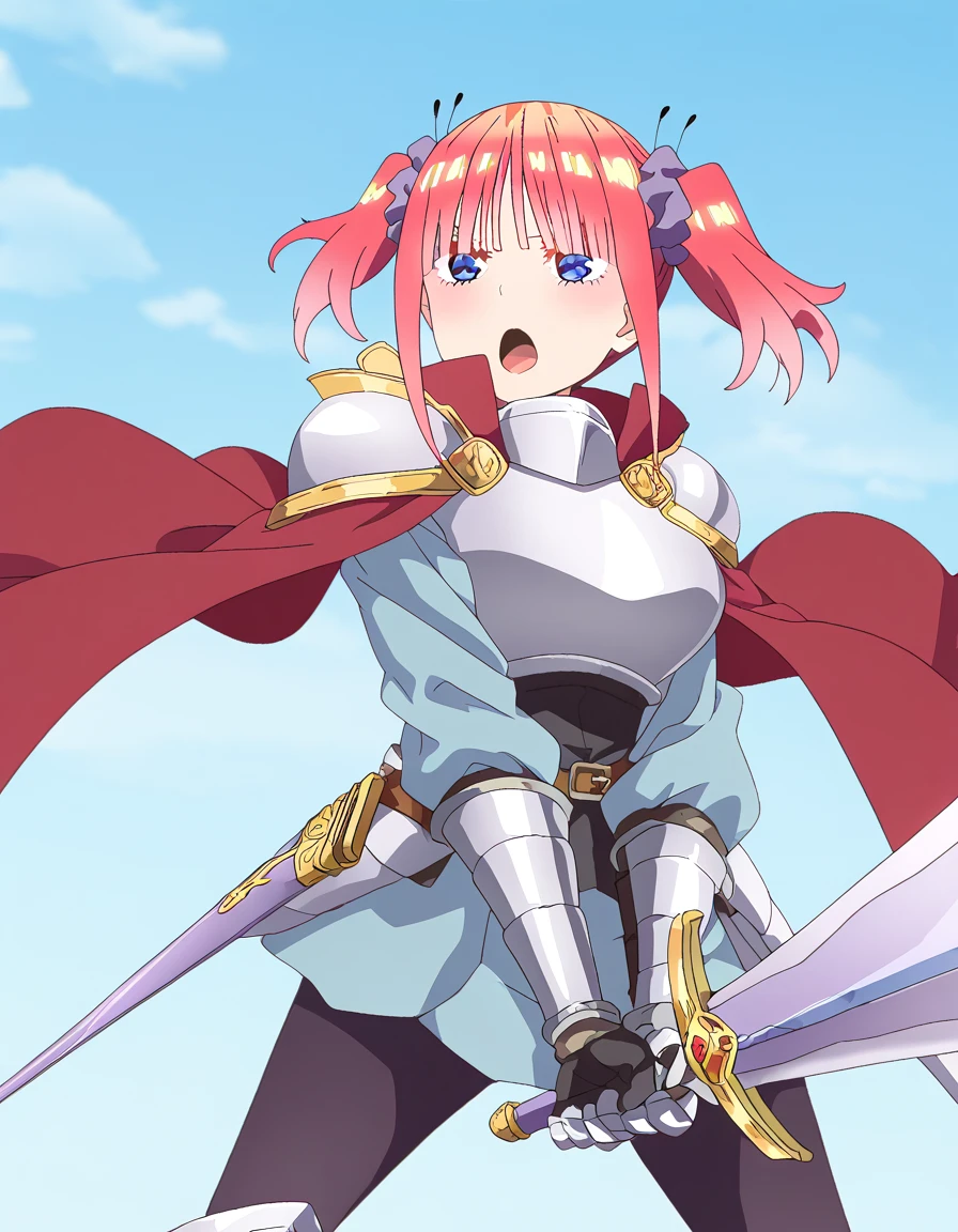 masterpiece, best quality, newest, absurdres, highres, safe,, <lora:nino-nakano-honeymoon-ponyxl-lora-nochekaiser:1>, nino nakano, bangs, blue eyes, hair ornament, twintails, pink hair, blunt bangs, medium hair, scrunchie, eyebrows hidden by hair, purple scrunchie, large breasts, anime screencap, <lora:sunrise-stance-illustriousxl-lora-nochekaiser:1>, sunrise stance, weapon, sword, solo, open mouth, holding weapon, holding, holding sword, <lora:knight-ponyxl-lora-nochekaiser:1>, knight, armor, cape, shoulder armor, gauntlets, helmet, pauldrons, red cape,, ,
