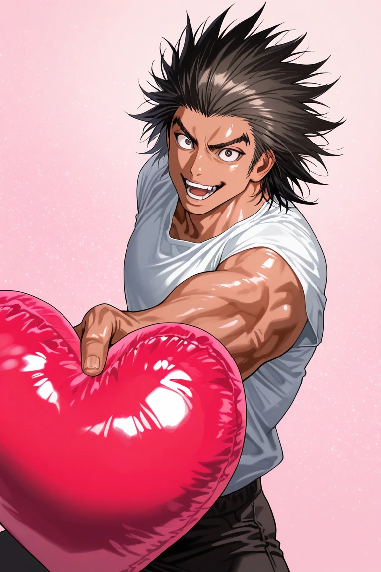 realistic shading, natural lighting, looking at viewer, expressive happy face, male focus, uvoginhxh, blackish silver_uvoginhxh_spiked hair, brown_uvoginhxh_eyes, 1boy, wide smile, open mouth, shiny skin, dancing, shirt, heart-shaped balloons, balloons, cowboy shot, simple plain light pink background, surreal, symbolic background, shadow, foreshortening, dutch angle, dynamic angle, dynamic action, intricately detailed illustration, cinematic, depth of field, atmospheric perspective, masterpiece, best quality, amazing quality, very aesthetic, absurdres, newest, anime screencap