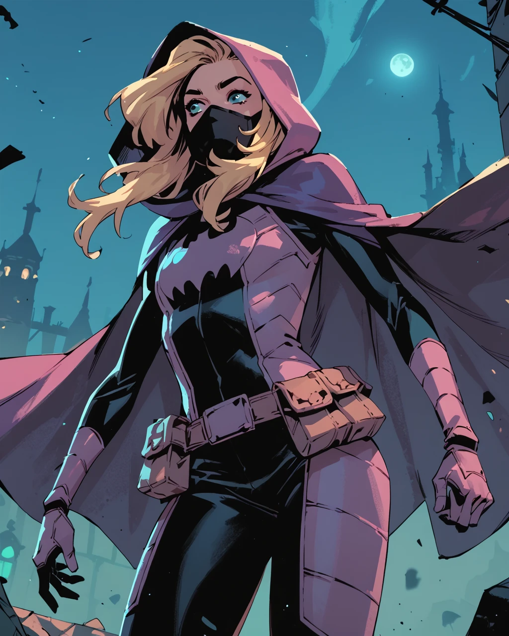score_9, score_8_up, score_7_up, score_6_up, masterpiece, best quality, <lora:Batgirl_-_Stephanie_Brown_Pony:0.8> stephaniebrown, blonde hair, bodysuit, cape, belt pouch, mouth mask, hood, night zPDXL3, zPDXLxxx,