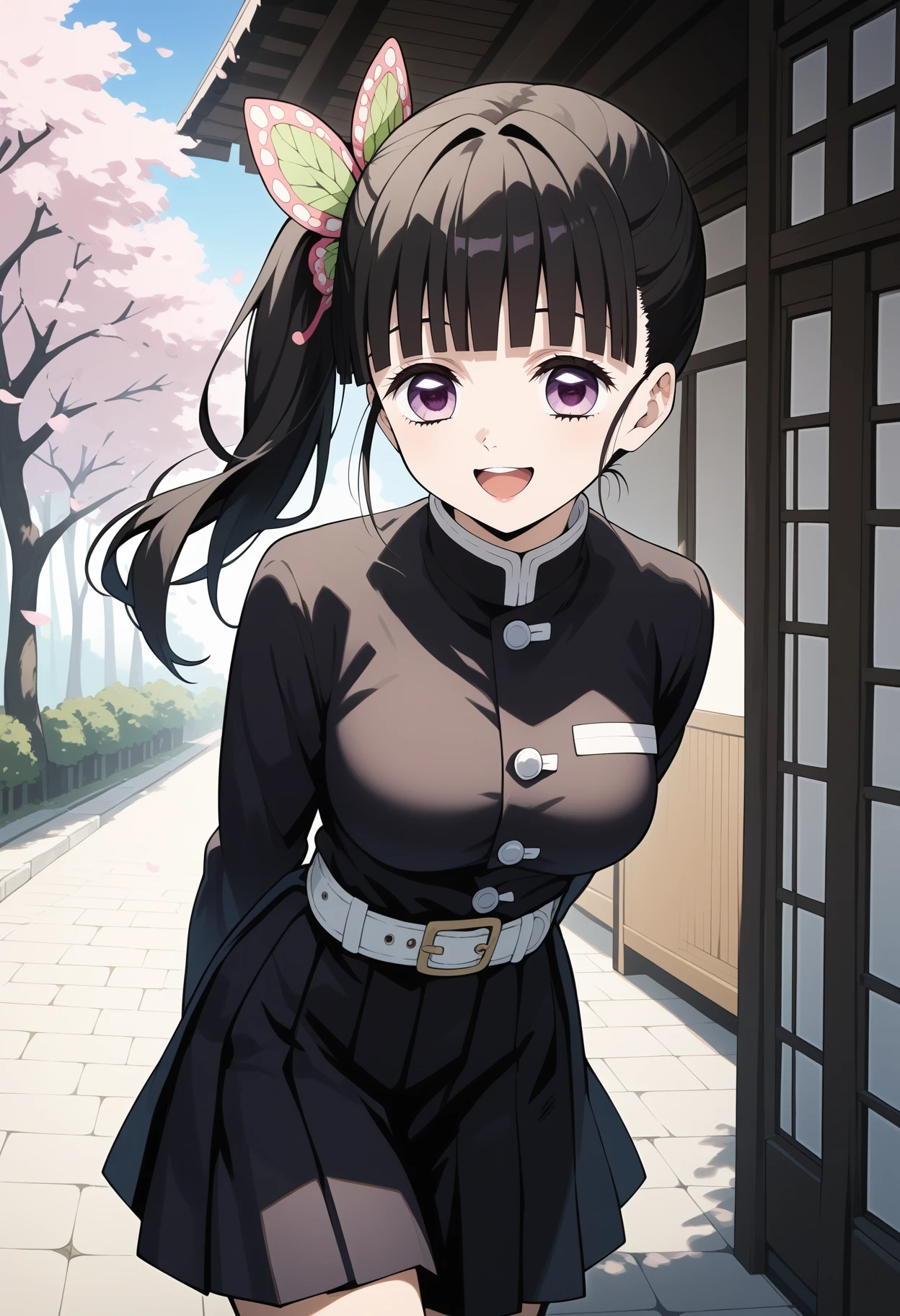 score_9, score_8_up, score_7_up, score_6_up, score_5_up, score_4_up, source_anime, aakanao, long hair, black hair, side ponytail, hair ornament, purple eyes, breasts, black shirt, long sleeves, white belt, pleated skirt, black skirt, <lora:tsuyuri_kanao_ponyxl_v1:0.9>, arms behind back, leaning forward, standing, outdoors, open mouth, cherry blossoms, smile, outdoors,