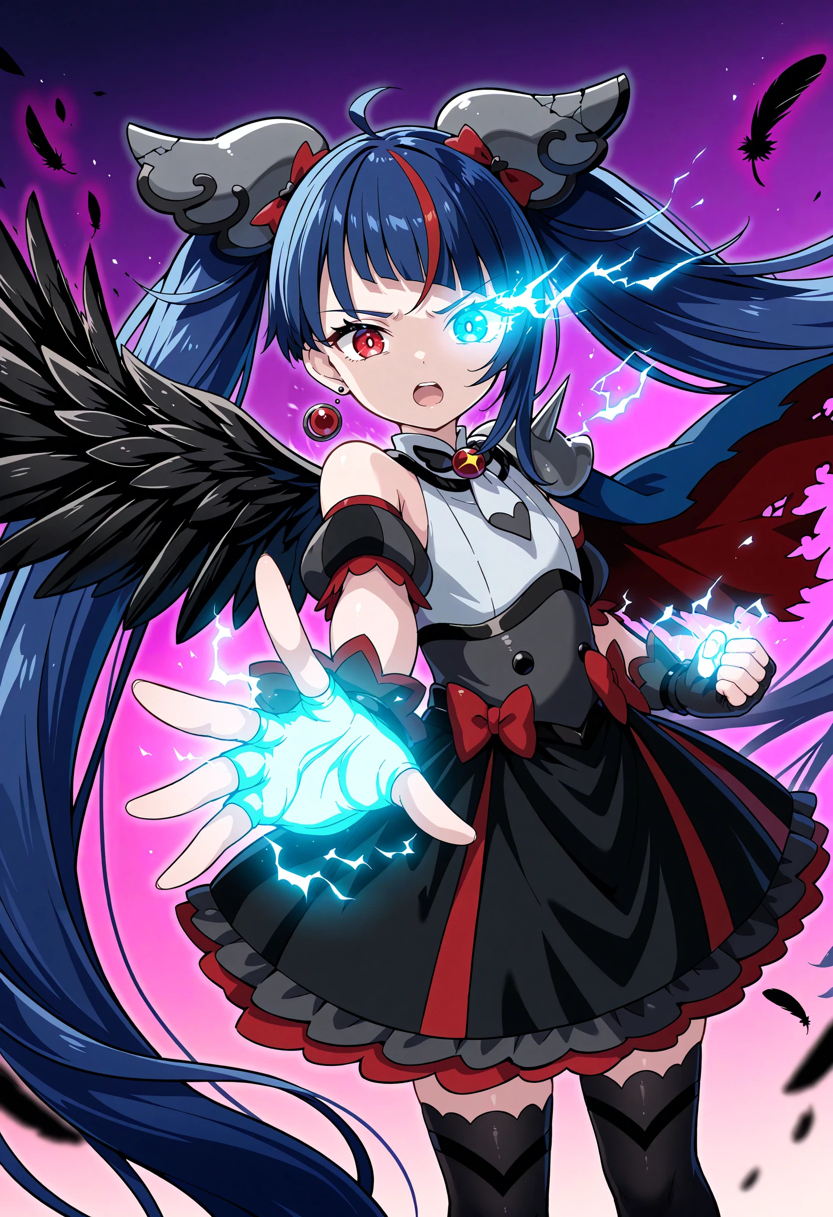 1girl, curesky-dark, general,
broken hair ornament, single earring,
brooch, grey dress, puffy detached sleeves, single wing, bare shoulders, spikes, torn cape,
black fingerless gloves,
black skirt, red bow, black thighhighs, zettai ryouiki,
flat chest, dark blue hair, twintails, very long hair,
heterochromia, red eyes, blue eyes, flaming eye:1.35,
angry, open mouth, looking at viewer,
upper body:1.2, dynamic angle, dynamic pose:1.1,
standing, glowing hand, open hand, reaching towards viewer, glowing hand:1.1, attack, motion lines, speed lines, wind, floating hair,
((aura, electricity, lightning)),
(abstract background, gradient background, black feathers), blurry background,
masterpiece, best quality, amazing quality, newest
<lora:ill_curesky-dark:1>