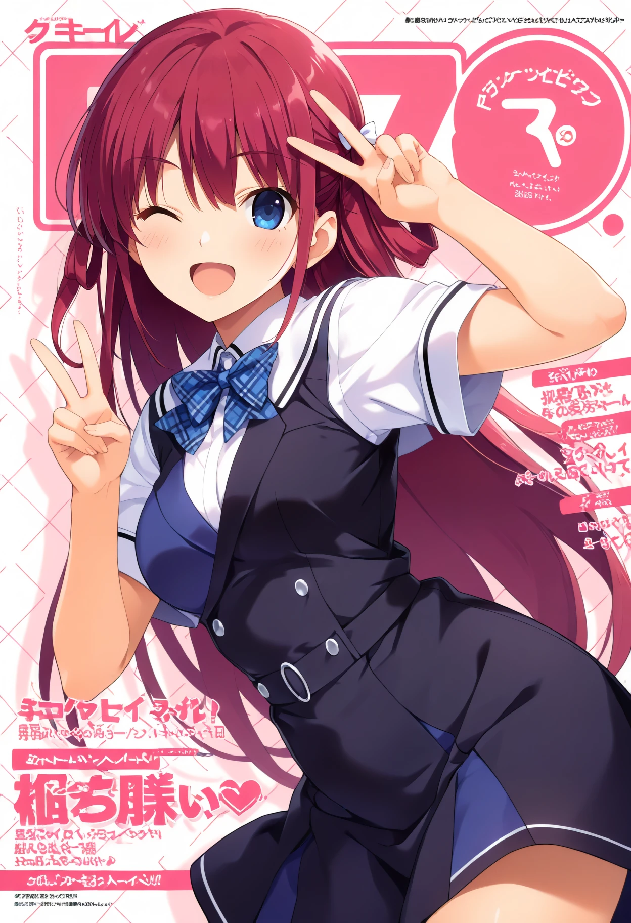masterpiece, best quality, newest, absurdres, highres, 1girl, aaamane, long hair, red hair, hair rings, hair bow, blue eyes, breasts, school uniform, plaid bowtie, white shirt, black dress, blue dress, short sleeves, <lora:suou_amane_ilxl_vpred_v1:0.9>, peace sign, v, one eye closed, smile, open mouth, magazine cover,
