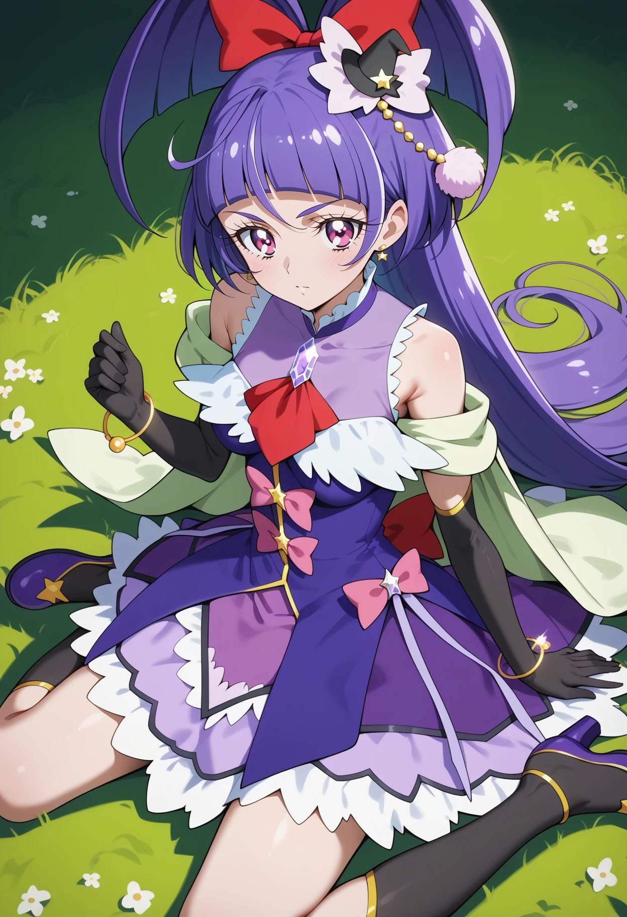 score_9, score_8_up, score_7_up, score_6_up, score_5_up, score_4_up, source_anime, aacm, precure, long hair, light purple hair, red bow, mini hat, black headwear, pink eyes, breasts, jewelry, capelet, brooch, red ascot, purple dress, bracelet, elbow gloves, black gloves, pink bow, purple skirt, <lora:izayoi_liko_ponyxl_v1:0.9>, sitting, on floor, field, grass, kneehighs, purple footwear,
