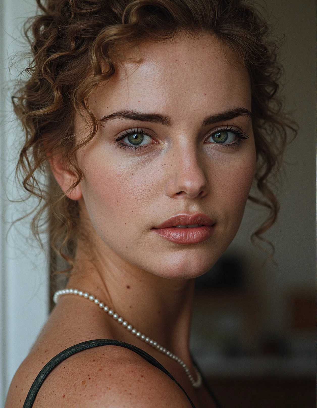 Breathtaking over the shoulder shot photography of ohwx looking at viewer, imperfections, necklace, looking over shoulders, eyelashes, fine hair detail, entire hairstyle visible, perfect eyes with iris pattern, sensual lips, nose, (perfectly sharp:1.3), realistic textures, (deep focus, focus on background:1.5), 8k uhd, dslr, ultra high quality image, film grain, Fujifilm XT3