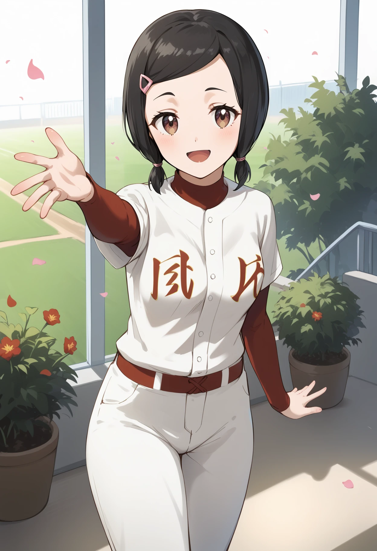 score_9, score_8_up, score_7_up, score_6_up, score_5_up, score_4_up, source_anime, aachisato, black hair, short twintails, low twintails, swept bangs, hair ornament, hairclip, brown eyes, medium breasts, <lora:fujii_chisato_ponyxl_v1:0.9>, standing, cowboy shot, garden, smile, open mouth, reaching, petals,, solo, baseball uniform, pants,