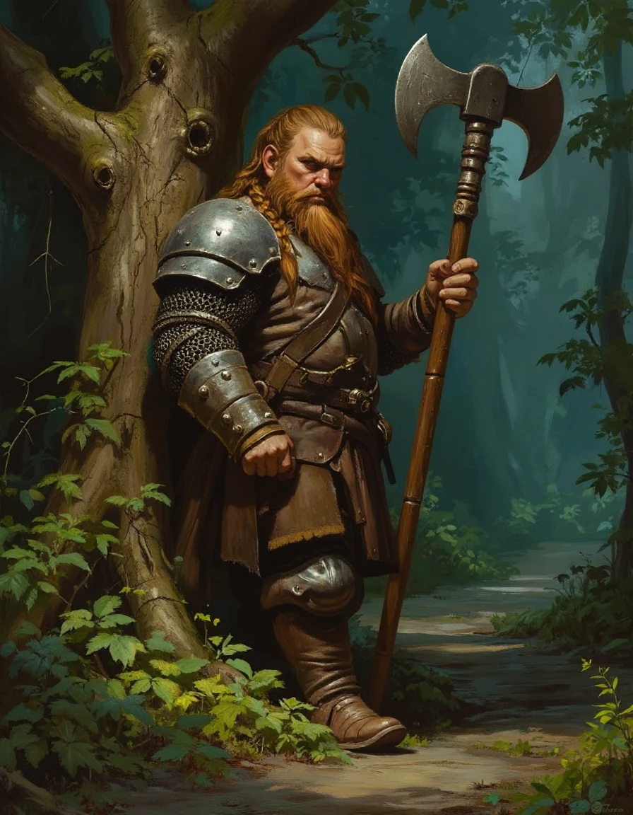 Fantasy painting of a dwarf warrior, short and stocky man holding a massive battle axe - looks nearly as big as the dwarf himself! This hardened warrior leans against an ancient oak tree on the side of an overgrown path that leads into the murky dark woods of an evil enchanted forest. The trees listen and watch with a wicked spirit. Our dwarf warrior looks unperturbed wearing heavy chain mail and with his long beard in braids. Scowling expression, ready to explore.