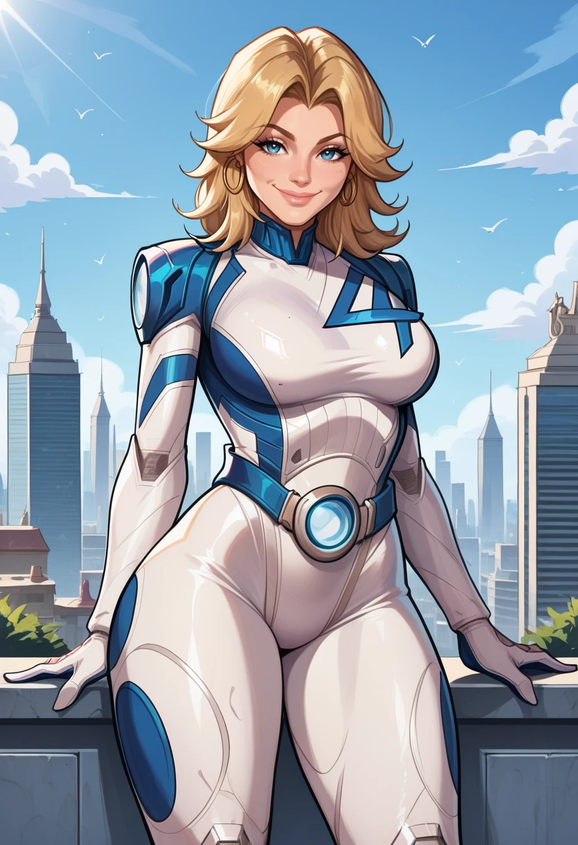((score_9, score_8_up, score_7_up, score_6_up, score_5_up, score_4_up)), BREAK, ((source_SemiRealistic)), BREAK, ((Masterpiece, Best Quality, Highly Detailed, 3/4 shot, Detailed Background)), BREAK, ((Large Breasts, Wide Hips, Big Ass)), BREAK, ((1girl)), <lora:Marvel_Rivals_-_Sue_Storm_-_Invisible_Woman:1> sue storm, blonde hair, medium hair, blue eyes, white bodysuit, belt, city, skyscrapers, smile