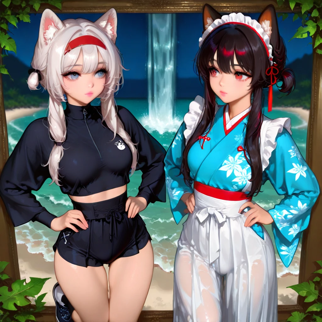 One mature neko, tanned skin, black bob hair, cat ear, black eyes, open mouth, licking, night, white sexy japanese kimono. (sitting on boat) (better quality)