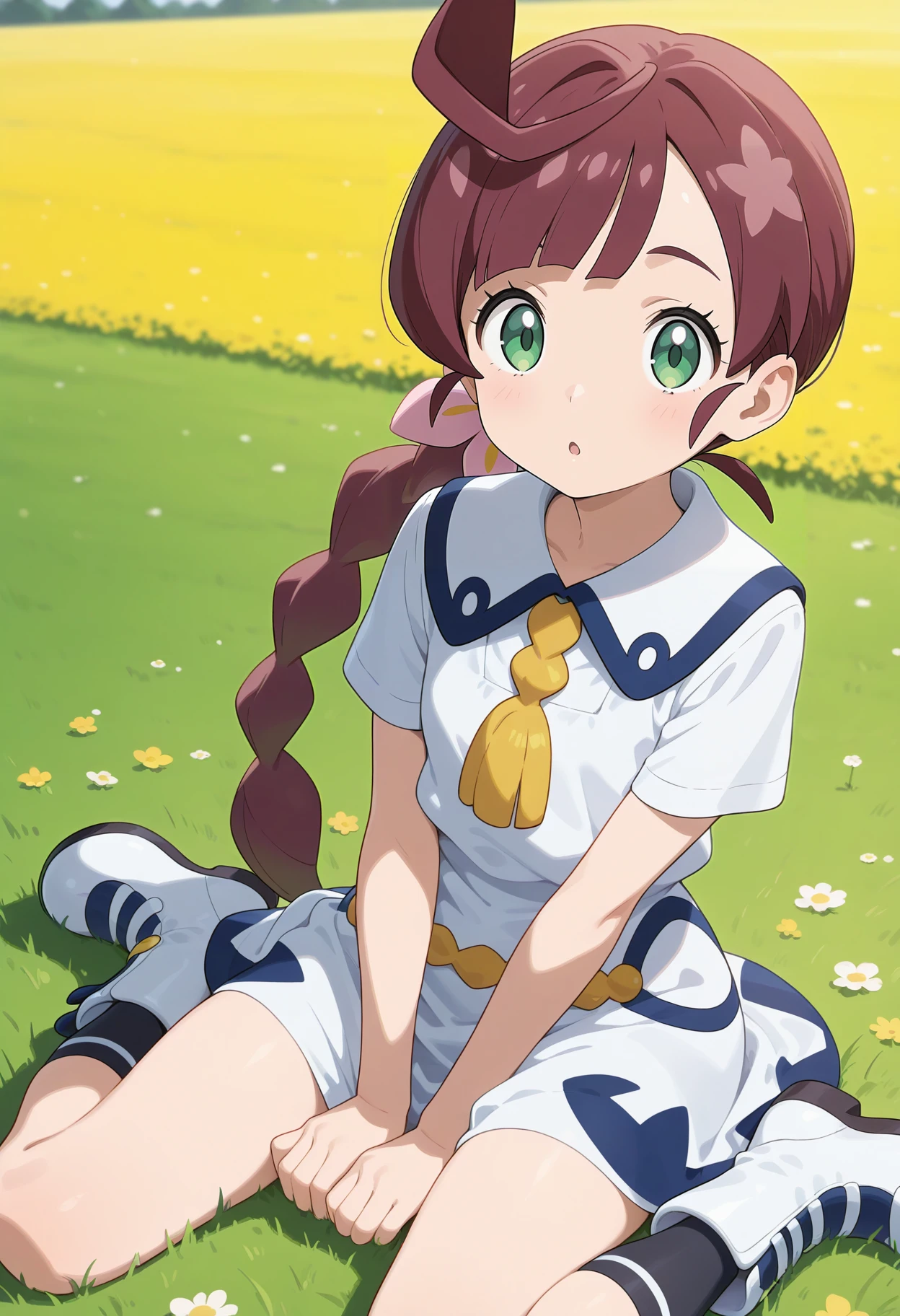 best quality, good quality, amazing quality, very aesthetic, absurdres, masterpiece, 1girl, aachloe, long hair, brown hair, braided ponytail, ahoge, green eyes, school uniform, neck tassel, collared dress, white dress, short sleeves, <lora:chloe_(pokemon)_ilxl_v1:0.9>, wariza, field, :o, black socks, boots, white footwear,