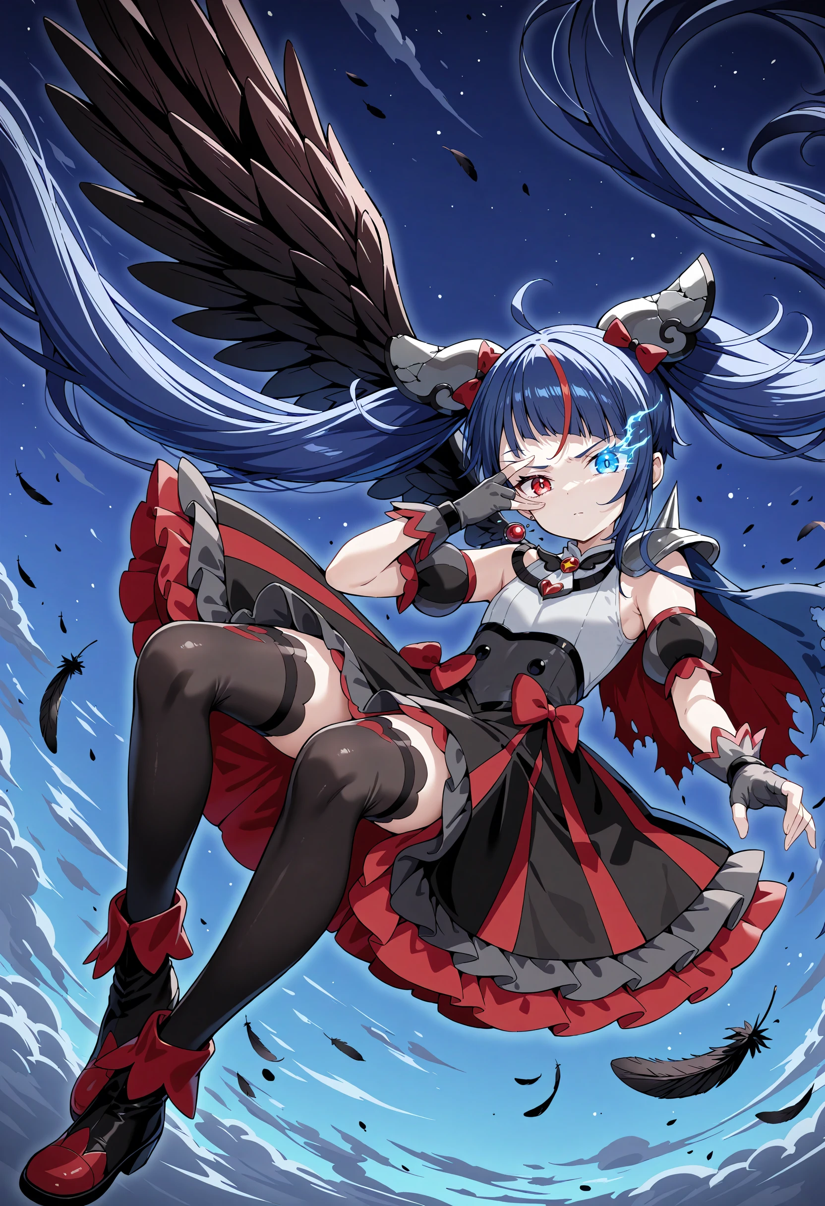1girl, curesky-dark, general,
broken hair ornament, single earring,
brooch, grey dress, puffy detached sleeves, single wing, bare shoulders, spikes, torn cape,
black fingerless gloves,
black skirt, red bow, black thighhighs, zettai ryouiki, black footwear,
flat chest, dark blue hair, twintails, very long hair,
heterochromia, red eyes, blue eyes, flaming eye:1.35,
serious, closed mouth, looking at viewer,
full body, dynamic angle, dynamic pose:1.1,
floating:1.3, hand over eye:1.1, wind, floating hair,
(dark theme:1.2, night, night sky, cloud, gradient background, black feathers),
masterpiece, best quality, amazing quality, newest
<lora:ill_curesky-dark:1>
