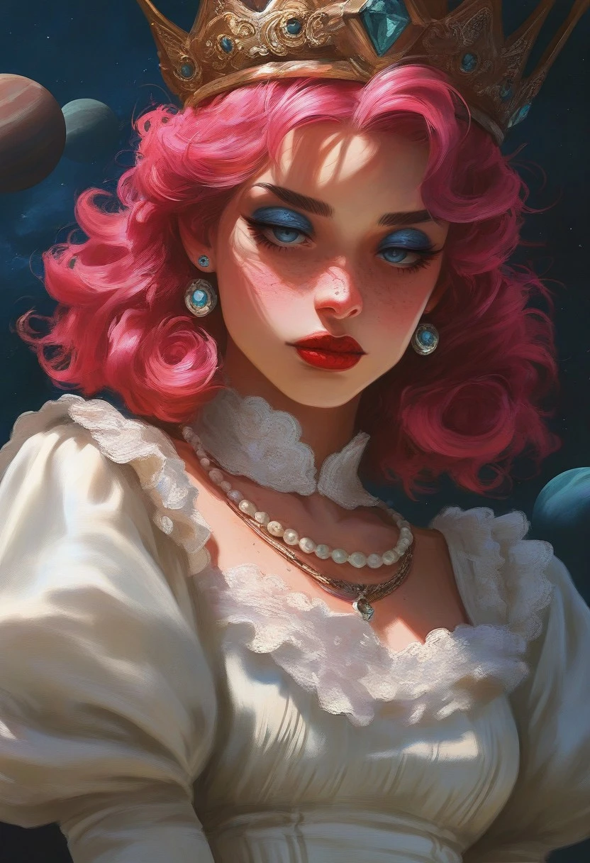 Femmes_ST, masterpiece, best quality, very aesthetic, high resolution, ultra-detailed, absurdres, newest, 1girl, solo, looking at viewer, blush, blue eyes, long sleeves, hat, dress, jewelry, closed mouth, upper body, pink hair, earrings, frills, puffy sleeves, necklace, lips, eyelashes, makeup, crown, gem, eyeshadow, freckles, curly hair, red lips, planet, pearl necklace, pearl \(gemstone\),
