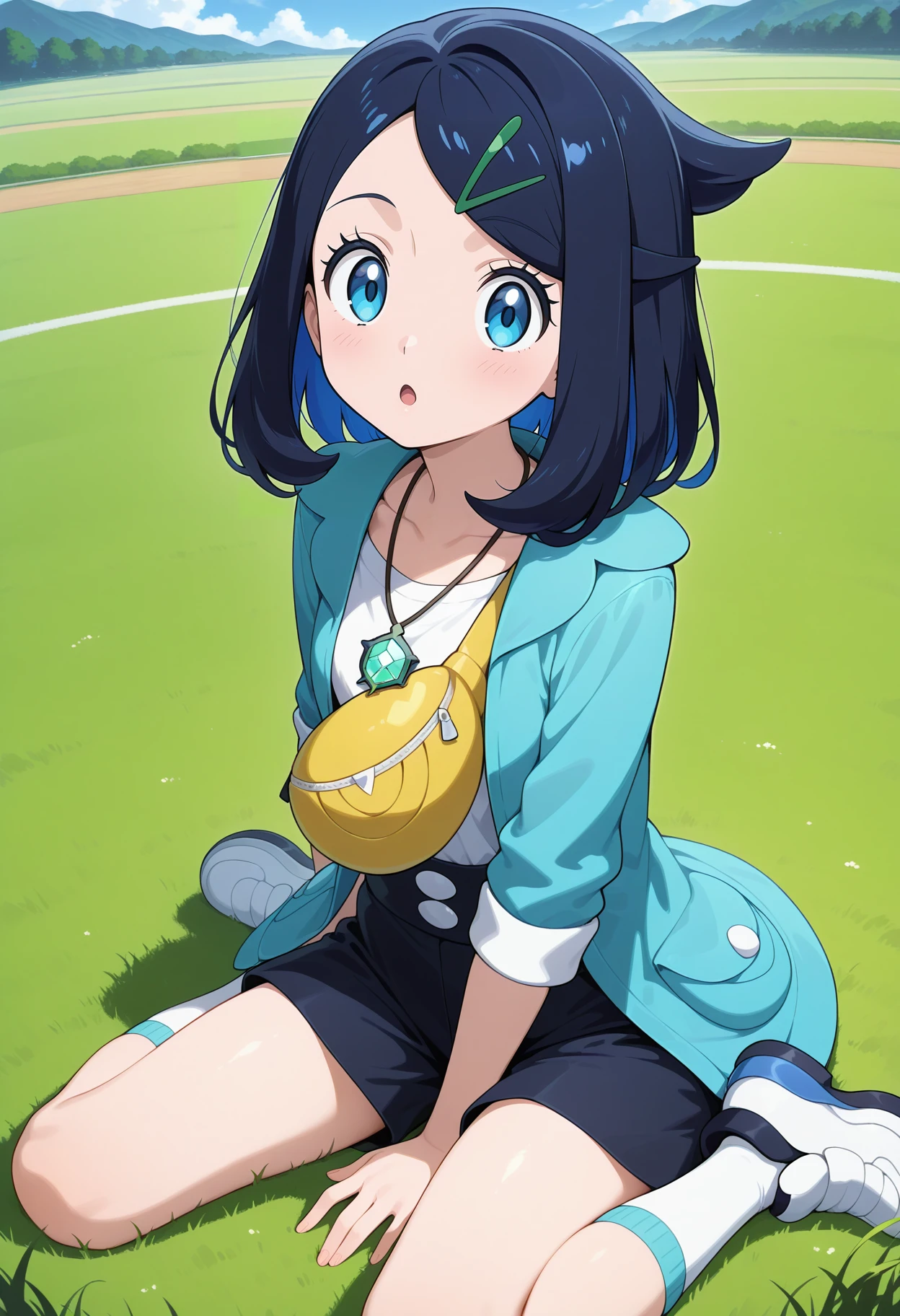 best quality, good quality, amazing quality, very aesthetic, absurdres, masterpiece, 1girl, aaliko, medium hair, black hair, colored inner hair, hairclip, blue eyes, collarbone, necklace, white shirt, fanny pack, blue jacket, open jacket, sleeves rolled up, high-waist shorts, black shorts, <lora:liko_(pokemon)_ilxl_v1:0.9>, wariza, field, :o, white socks, white footwear, shoes,