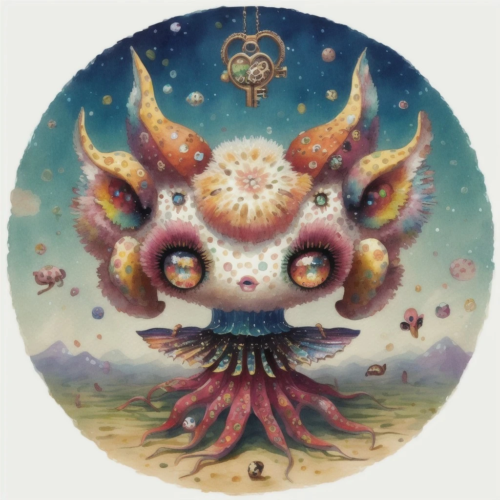 (masterpiece, top quality, best quality, official art, beautiful and aesthetic:1.2), W31RDD0LL, a watercolor painting of an octopus, white skin, two eyes, many ocelli, yellow and magenta freckles, pink and blue lips, four fluffy ears, two curved horns, yellow and orange ringlets, insect wings, holding a key, tentacle legs, skirt, colorful, birds <lora:W31RDD0LL:1.0>