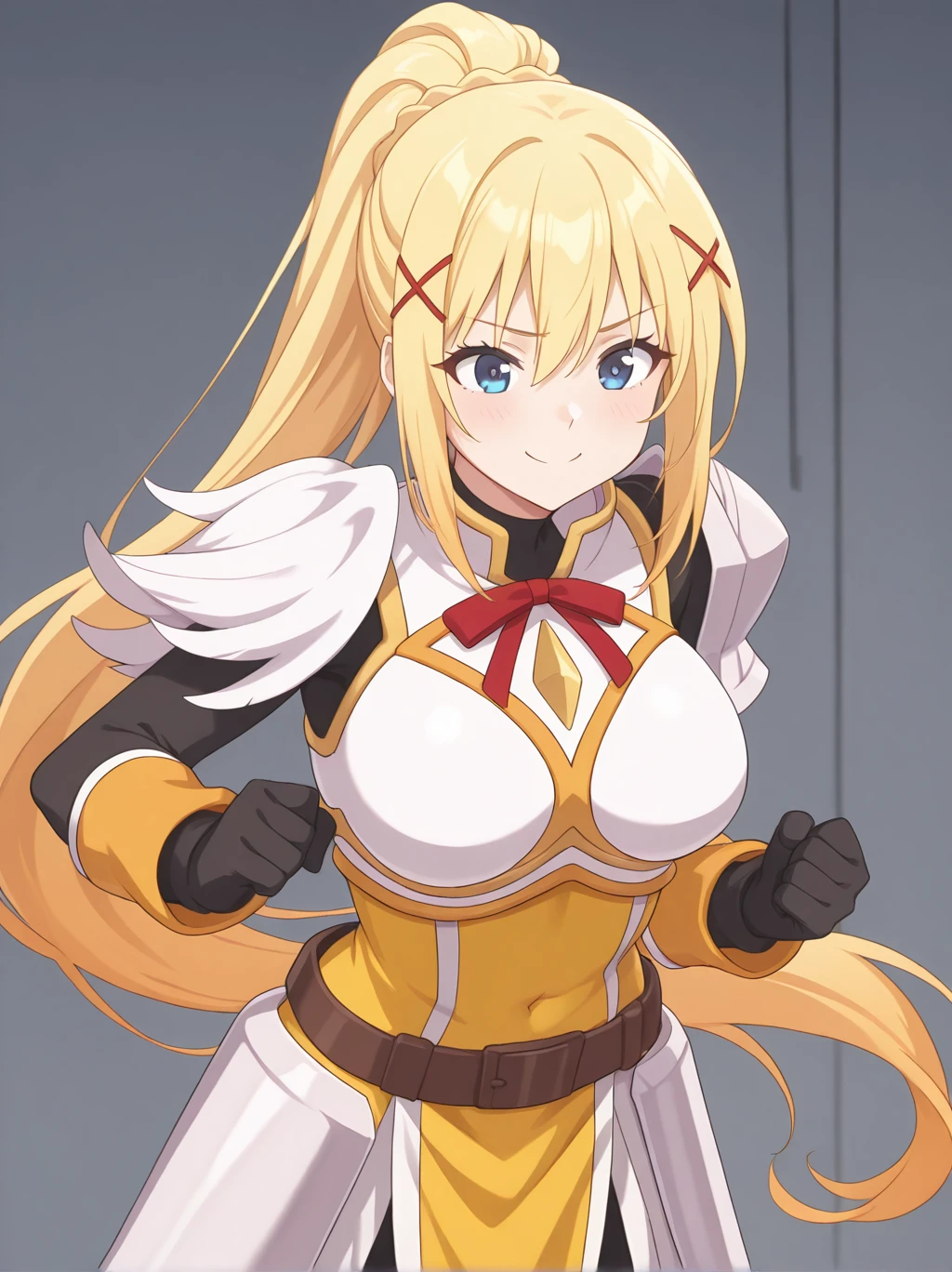 very aesthetic, high resolution, ultra-detailed, absurdres, newest, scenery, medium depth of field, rule of thirds, masterpiece-level, clean lines, sharp, focused subject, minimalistic composition, masterpiece, amazing quality, best quality, anime screencap, detailed face, detailed eyes, detailed outfit, face focus, 1girl, solo, blonde hair, long hair, ponytail, Darkness-Liver020, outfit 1, outfit1, white armor, cowboy shot, yellow dress, armor, red ribbon, x hair ornament, brown metal belt, black glove, large breasts, blue eyes, grey background, smile, bushing, blush