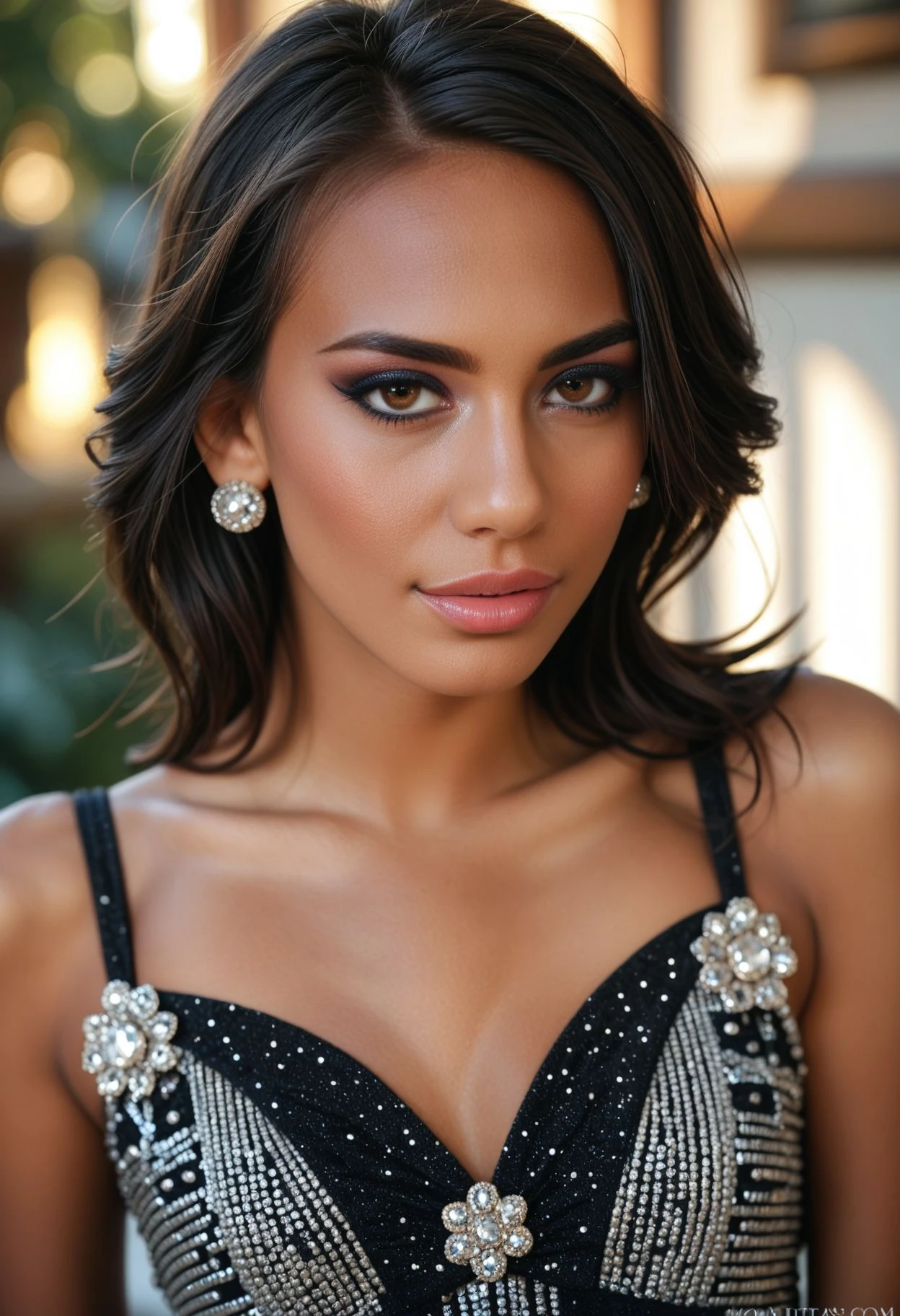 score_9, score_8_up, score_7_up, score_6_up, j4n1c3, 1girl, dark hair, (dark-skinned_female:0.5), beautiful, tall, makeup, skinny, portrait, close-up, upper_body, Embellished shift dress,