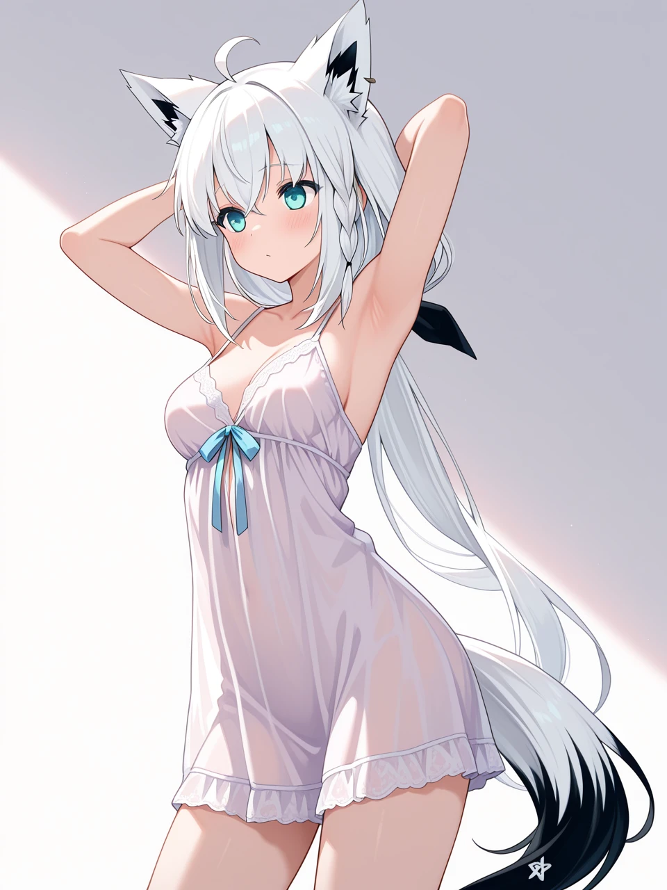 masterpiece, best quality, 1girl, solo,
<lora:negligeeIllustrious1:1>
shirakami fubuki, white background, nightgown, standing, armpits, cowboy shot, fox ears,