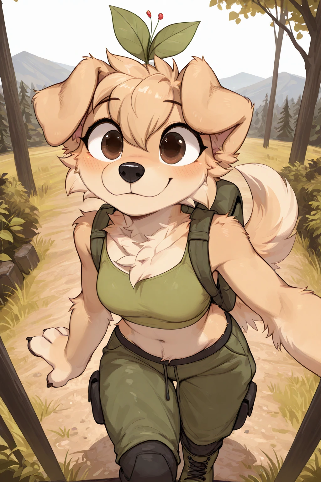 digital media \(artwork\), (masterpiece, high quality, best quality, 8k uhd, absurd res, very aesthetic, newest),Outdoor Adventure: Hiking pants, performance top, and hiking boots, <lora:Berri-Illus:0.8>, golden retriever, female, anthro, tan body, tan fur, plant on head, brown eyes, bangs, dog girl, canine, cheek tuft, floppy ears, paws, solo, <lora:Mega_Fluffy_IL:0.9> megafluffy, (fluffy), furry,