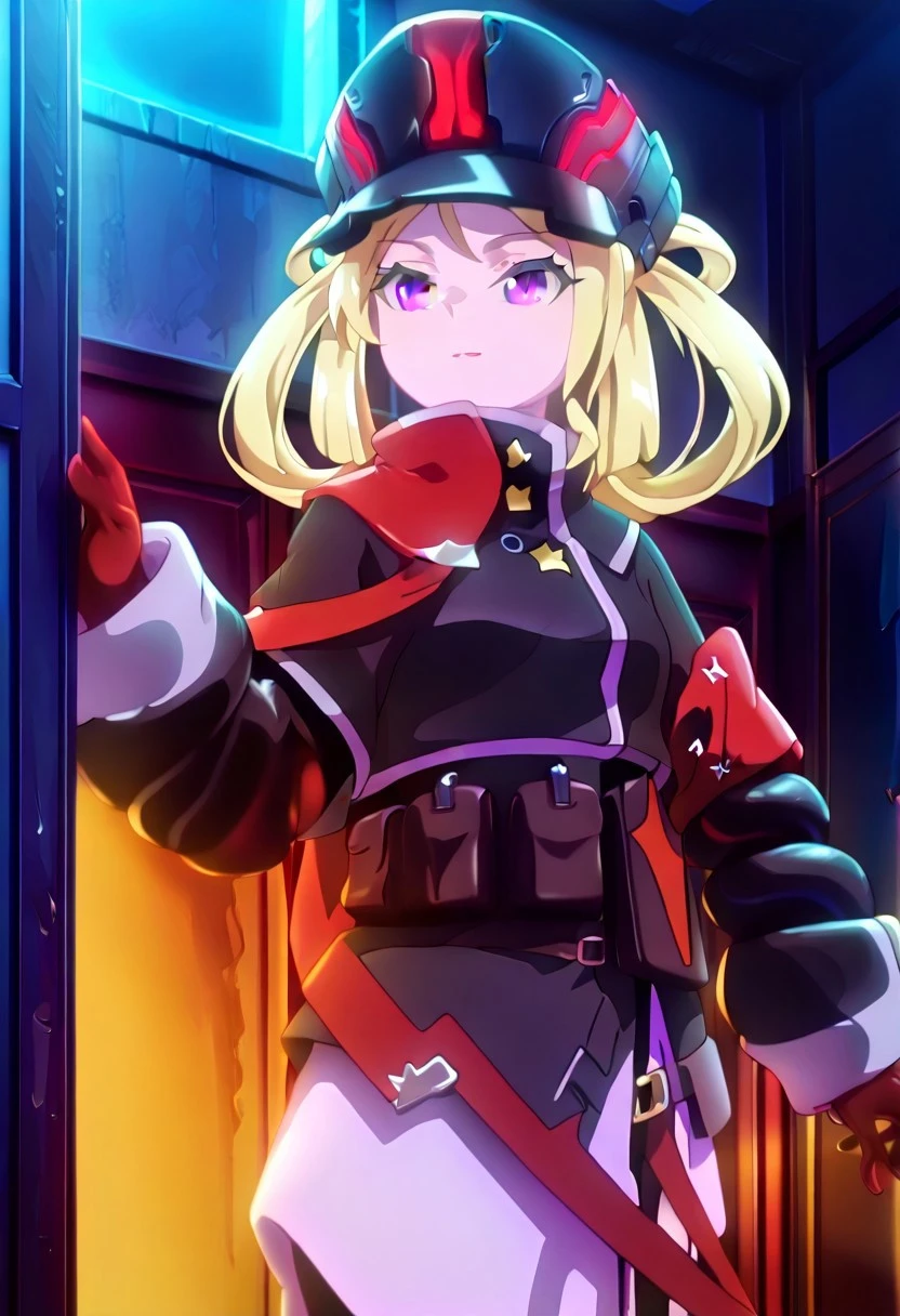 masterpiece, best quality, at room, indoor, at night, moonlight,von asam, female, hat, blonde hair, short hair, purple eyes, military uniform, red gloves, pouch