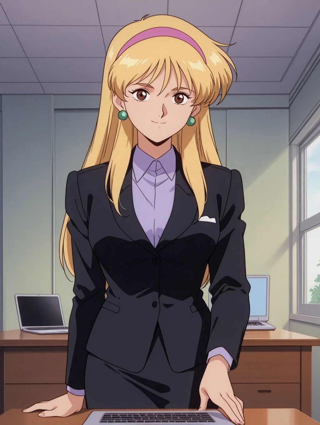 masterpiece, best quality, newest, absurdres, highres, detailed eyes, beautiful, detailed background, perfect eyes, anime coloring, anime screencap, retro_artstyle, 1990s \(style\), 1girl, solo, katejina loos. blonde hair, long hair, brown eyes, medium breasts, earrings, suit, black jacket, long sleeves, pencil skirt, pink hairband, looking at viewer, smile, (indoors, room, desk, laptop, window), , <lora:katejina_gdmv_pony-08:0.8>