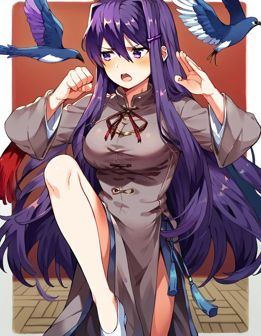 score_9, score_8_up, score_7_up, source_anime, <lora:ddlc-yuri-ingame-ponyxl-lora-nochekaiser:1>, yuri (doki doki literature club), hair ornament, hairclip, long hair, purple eyes, purple hair, hair intakes, hair between eyes, sidelocks, large breasts,, <lora:crane-stance-ponyxl-lora-nochekaiser:1>, crane stance, fighting stance, closed mouth, leg up, standing, standing on one leg, looking to the side, hands up, open mouth, blush, solo, <lora:tangzhuang-ponyxl-lora-nochekaiser:1>, tangzhuang, chinese clothes, pelvinc curtain,,