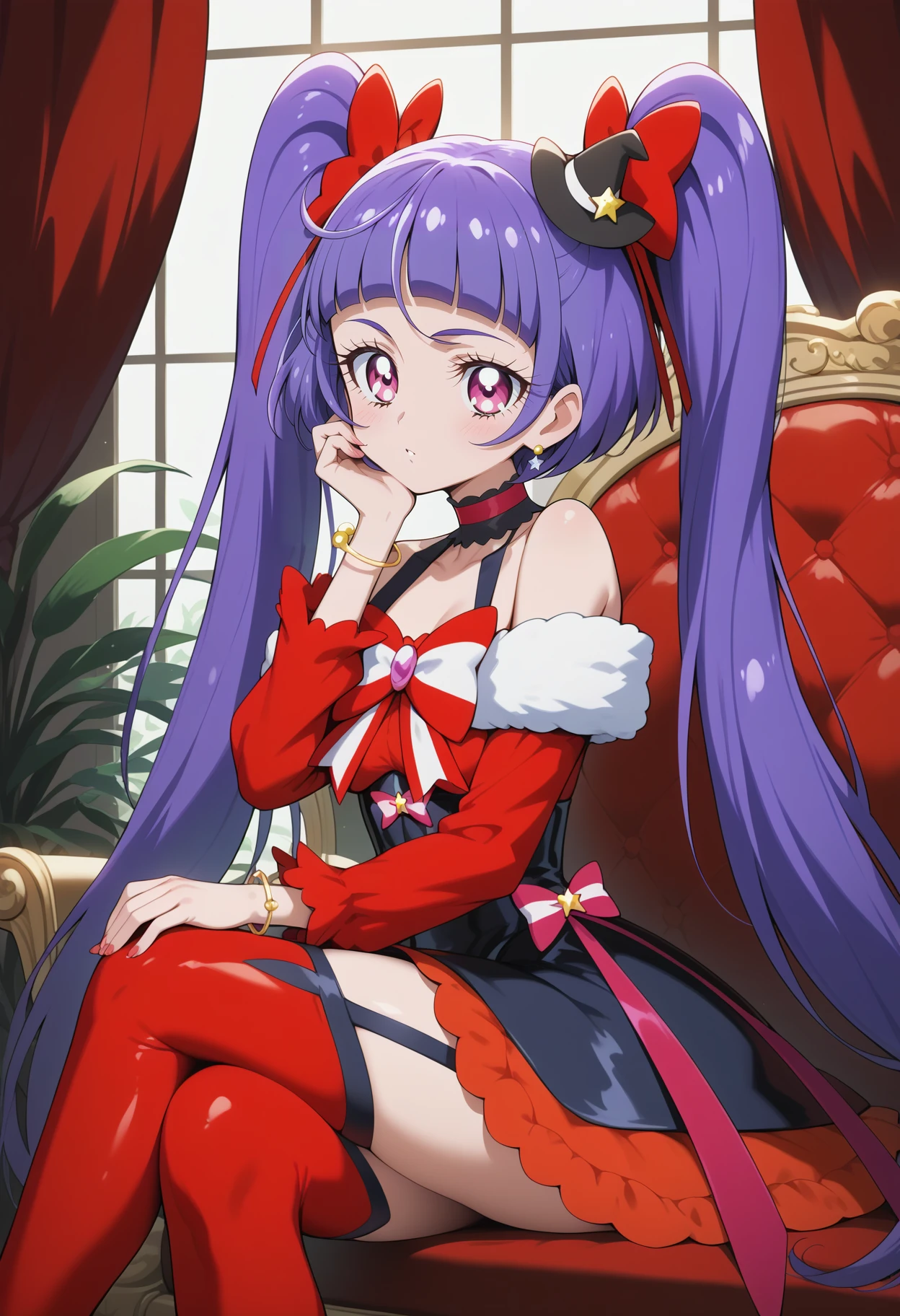 score_9, score_8_up, score_7_up, score_6_up, score_5_up, score_4_up, source_anime, bbcm, precure, long hair, light purple hair, twintails, hair bow, mini hat, black headwear, pink eyes, breasts, red choker, bare shoulders, jewelry, striped bow, red bow, off-shoulder dress, red dress, long sleeves, bracelet, garter straps, red thighhighs, <lora:izayoi_liko_ponyxl_v1:0.9>, sitting, throne, crossed legs, indoors, head rest,