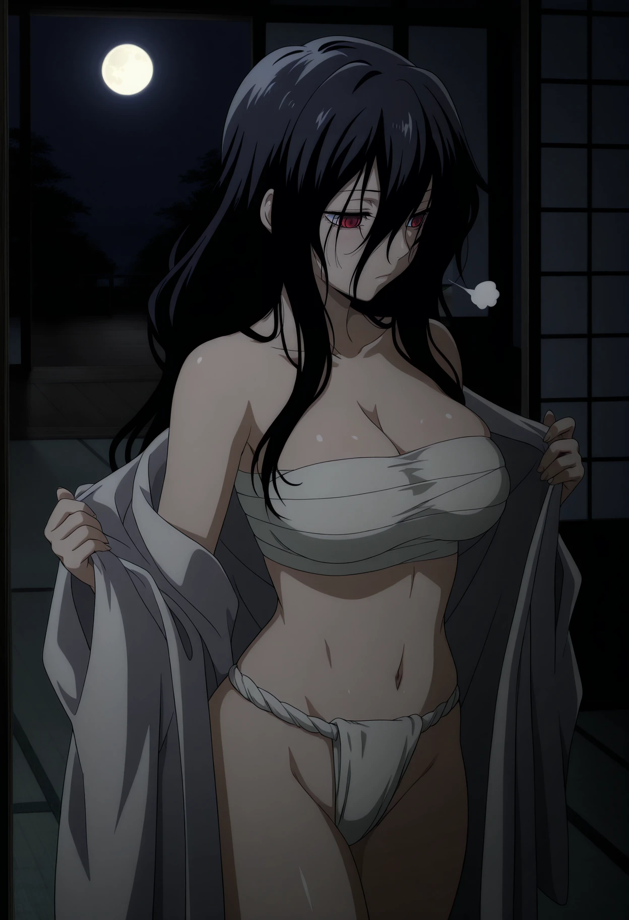 (masutepiece, Best Quality, High resolution, anime colours, megami magazine:1.2, anime poster style, anime keyvisual, sharp, 8k, photorealistic), from side, (beautiful eyes:1.5, beautiful face), Kotegawa Yui, 1girl, solo, Cute, blush, (Long Black Hair), (sagging huge breasts, sideboob), (white onepiece swimsuit), cleavage, (arm behind back, upper body), (Perfect detailed Anatomy, beautiful detailed hair, perfect detailed body:1.2, shiny skin), (thick outline, Beautiful outlines, black outlines), simple background,