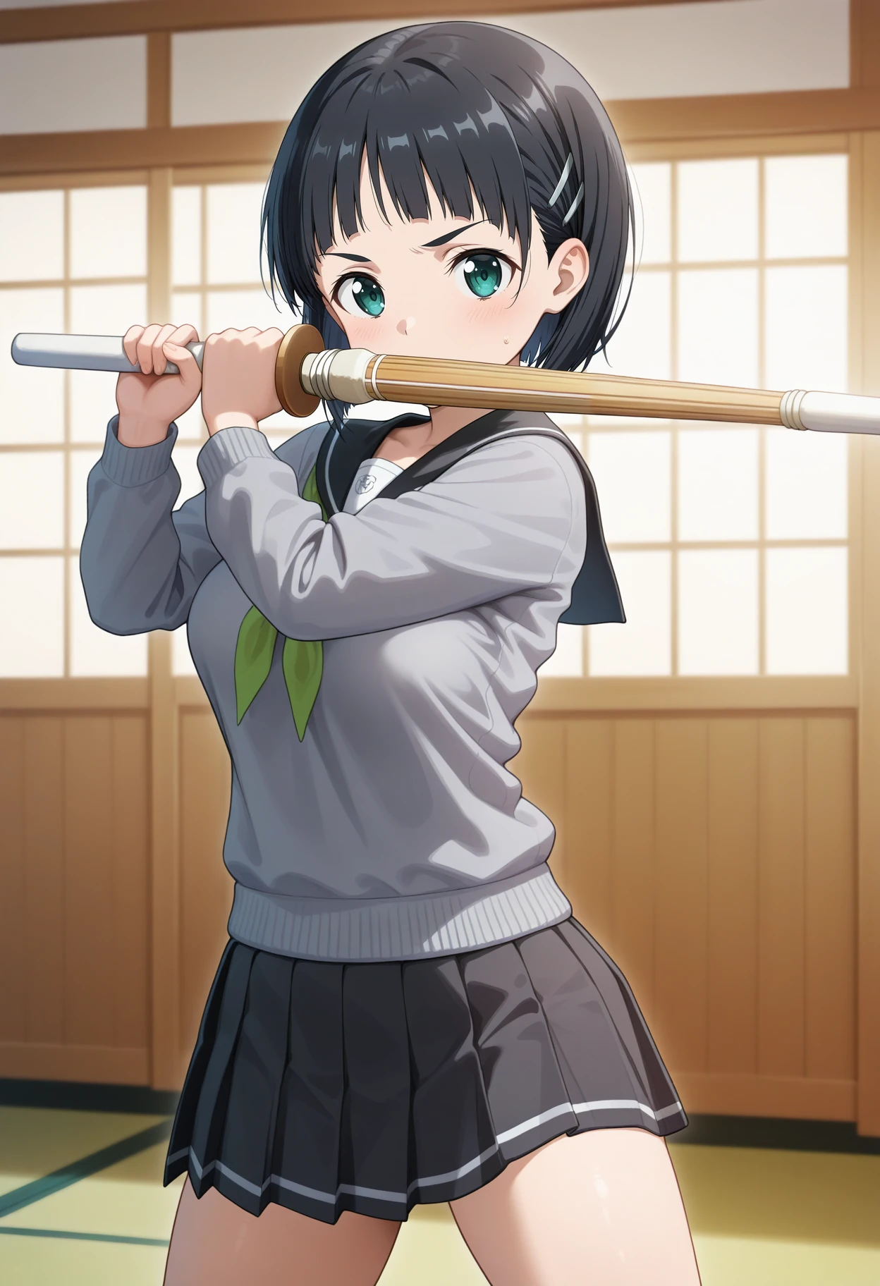 best quality, good quality, amazing quality, very aesthetic, absurdres, masterpiece, 1girl, aasuguha, short hair, black hair, hairclip, green eyes, breasts, school uniform, black sailor collar, green neckerchief, grey sweater, long sleeves, pleated skirt, black skirt, <lora:kirigaya_suguha_ilxl_v1:1>, standing, cowboy shot, holding, shinai, indoors, fighting stance, two-handed,